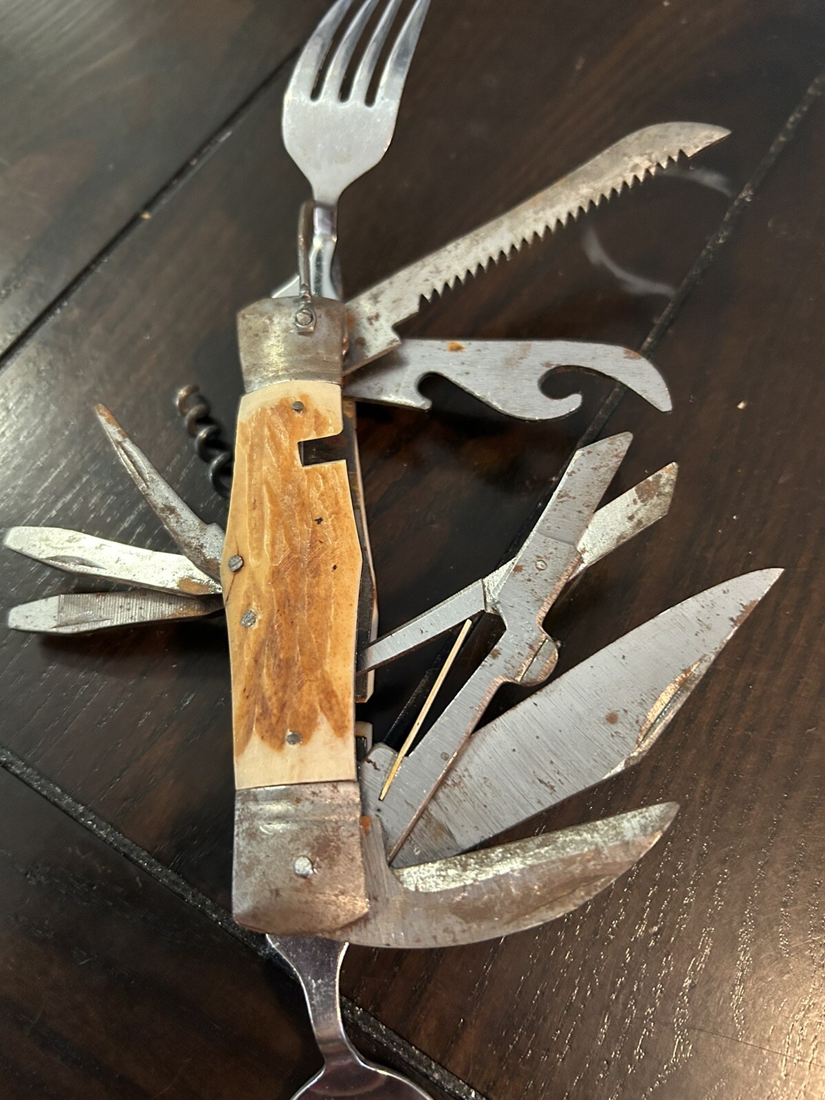 Vintage Pocket Knife 11 Multi Tool Hobo-Camping With Bone Handle