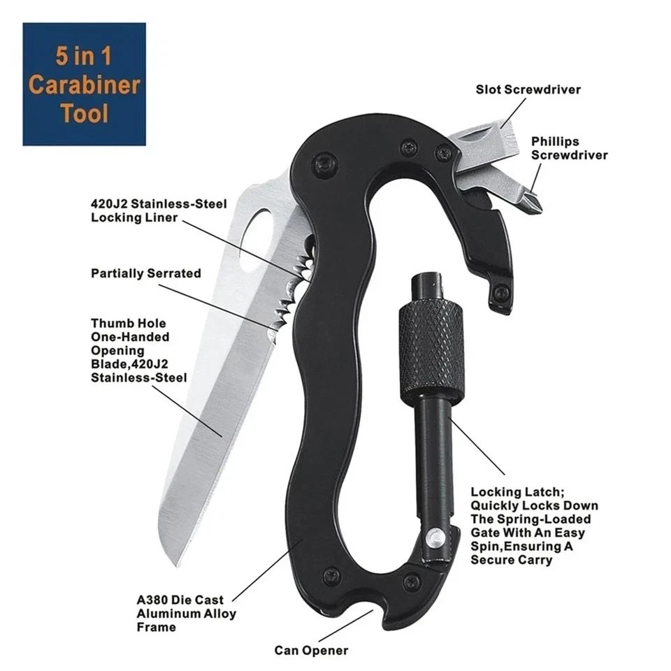 Survival Camping EDC Gear Multi-Tool Carabiner Keychain Key Holder Screwdriver