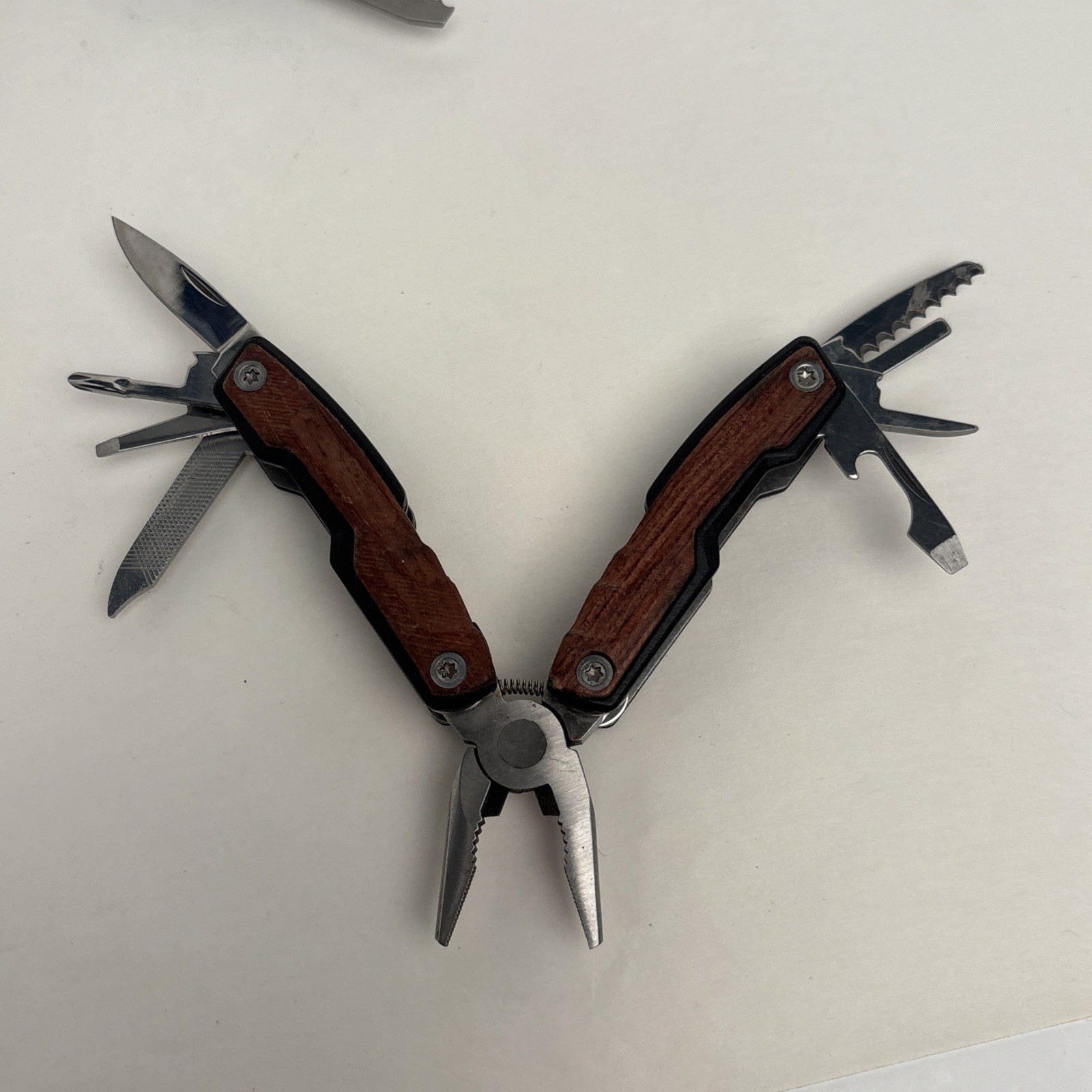 Lot Of 4 Multi – Tools Wood Scales Stainless Hike Hunt Camp Fish Crafts