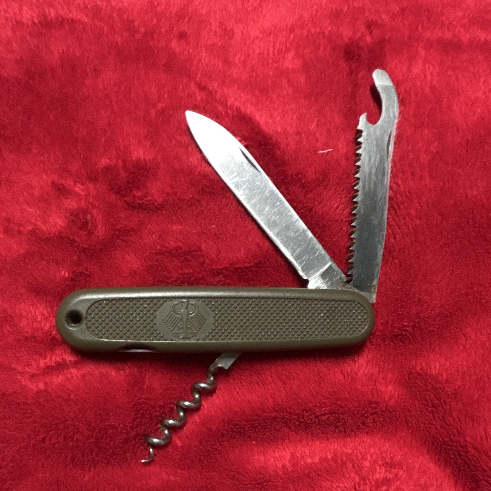 Green Folding Pocketknife Multi-Tool, Knife/Saw/Corkscrew/Bottle Opener, and awl