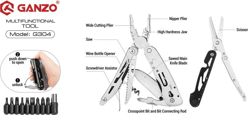 Ganzo Knives Multitool Stainless Tools & Bit Connecting Rod Nylon Belt Sheath