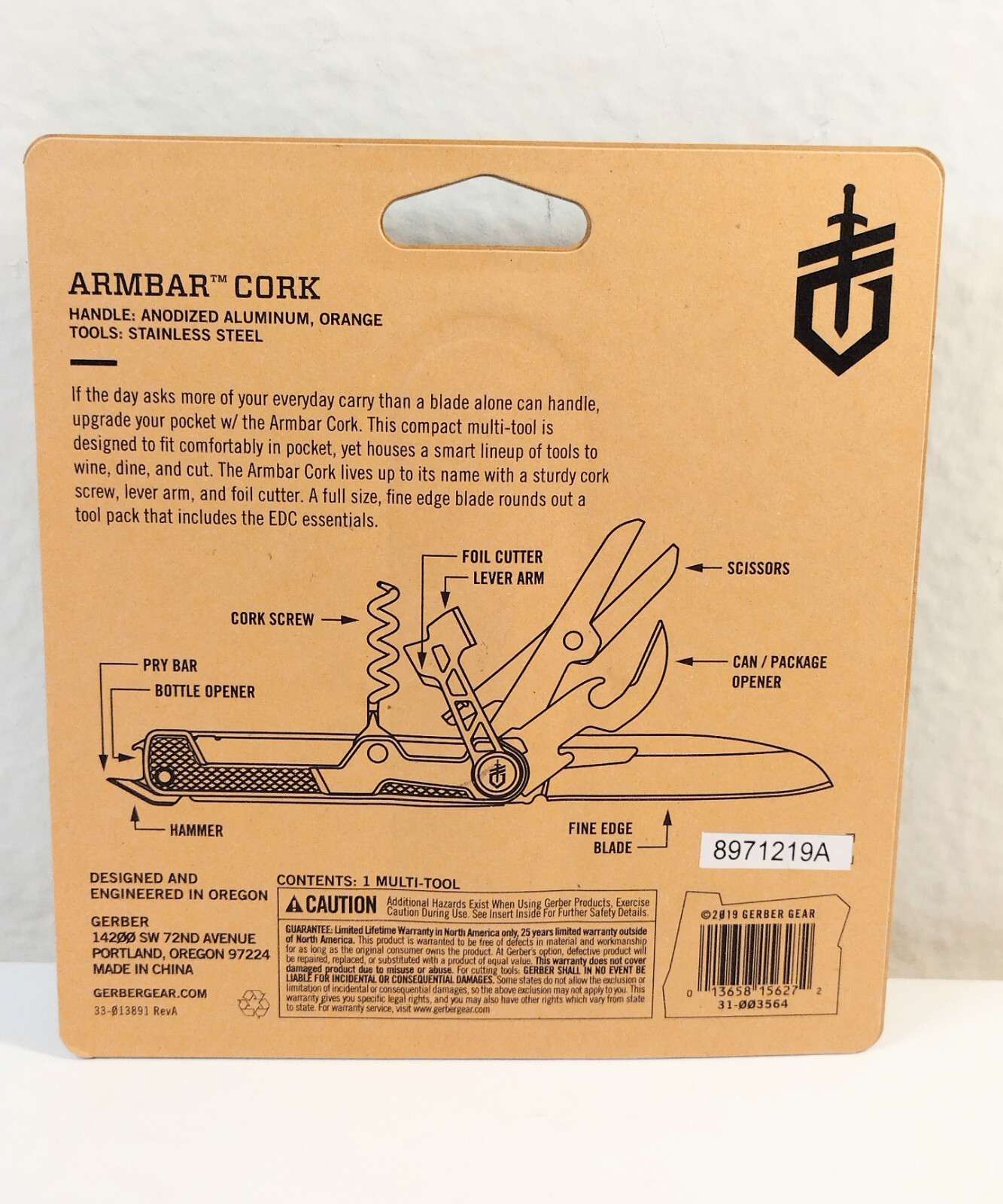 Gerber Armbar Cork Multitool Color: Orange (8 Tools)