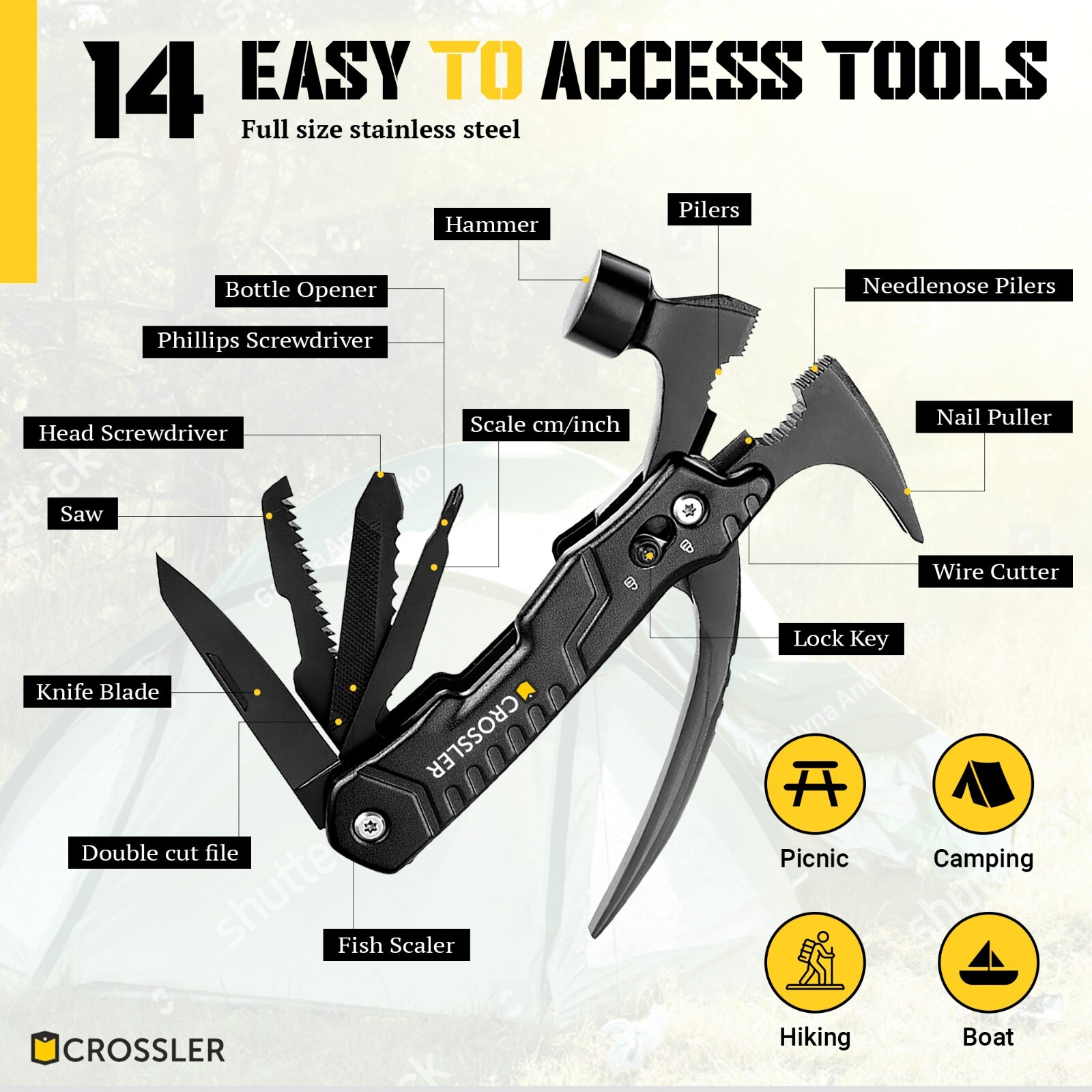 CROSSLER 14-in-1 Multi-Functional Hammer, Camping Accessories, Gift for Man/Him