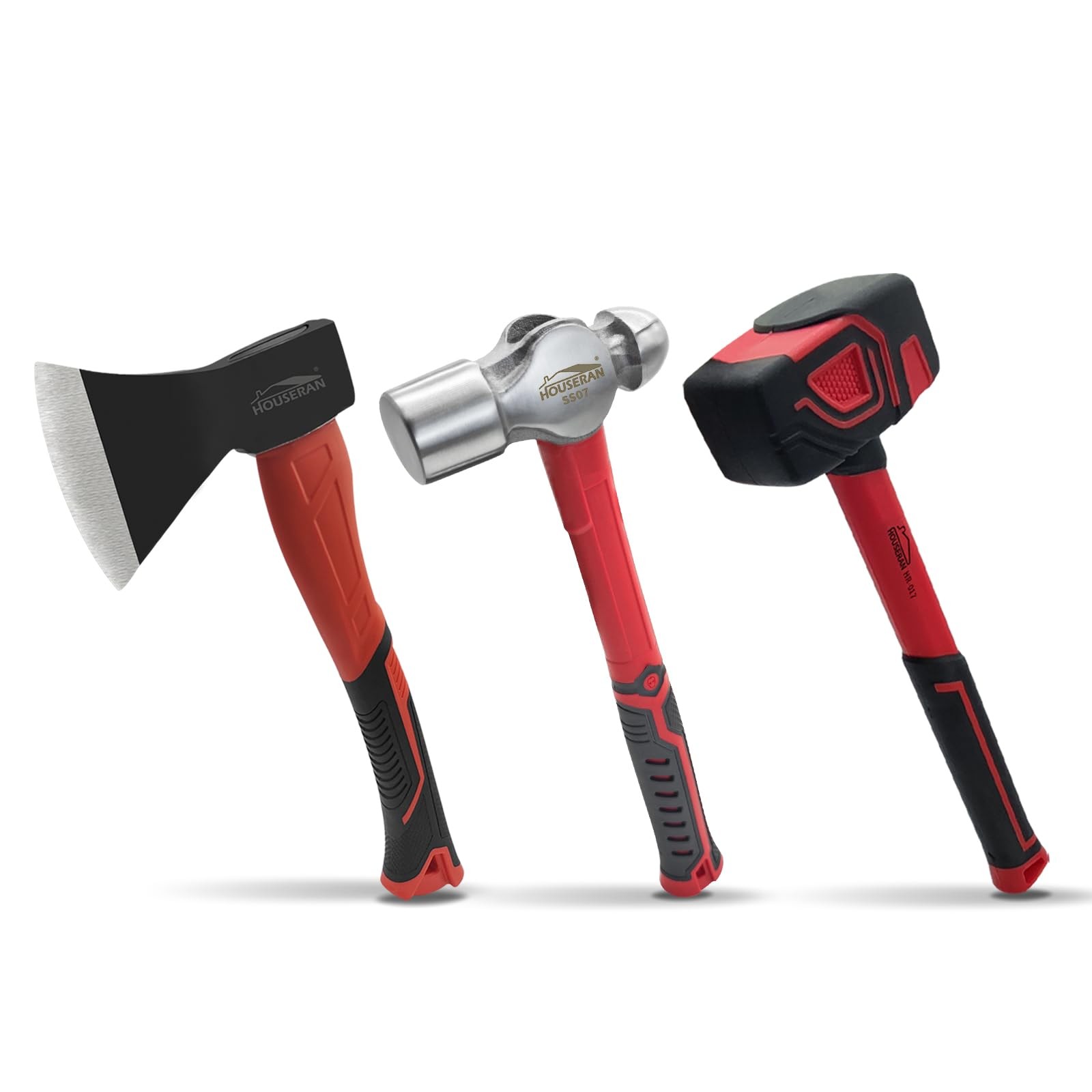 3 PCS Hammer Set 14 Inch Axe Ball Peen 1.1kg 20oz Rubber Mallet Woodworking