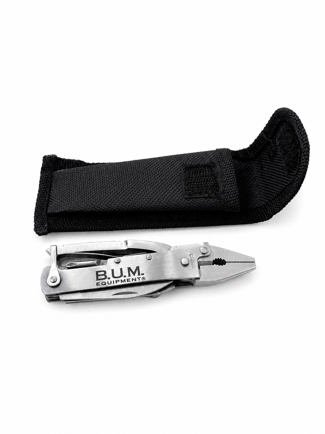 Vintage B.U.M. Equipment Multi-Tool Folding Pliers Pocket Knife w/ Nylon Sheath