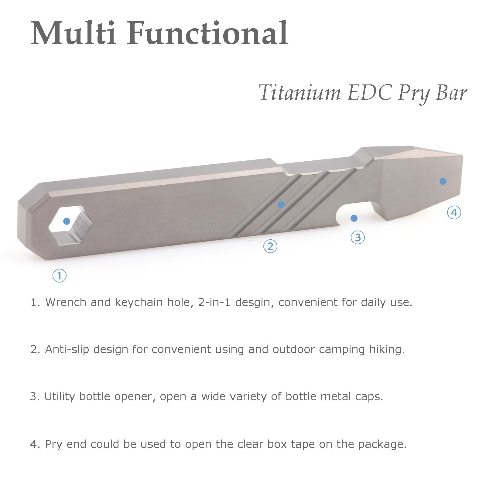 Titanium Pry Bar Bottle Opener Multi Tool 3.9″ Crowbar Wrench Lanyard Hole Mu…