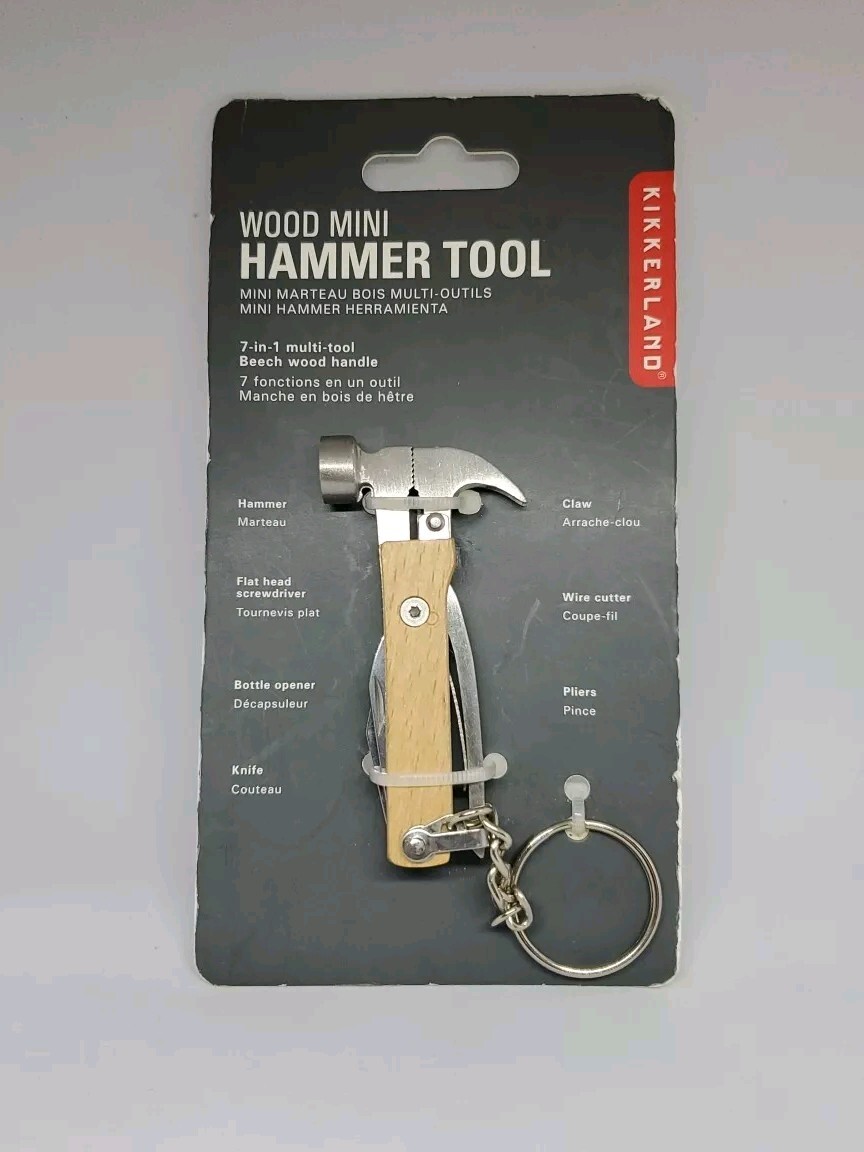 (NOS) Kikkerland KR13-W Wood Mini Hammer Tool Keyring 7-in-1 Jack Knife Gift