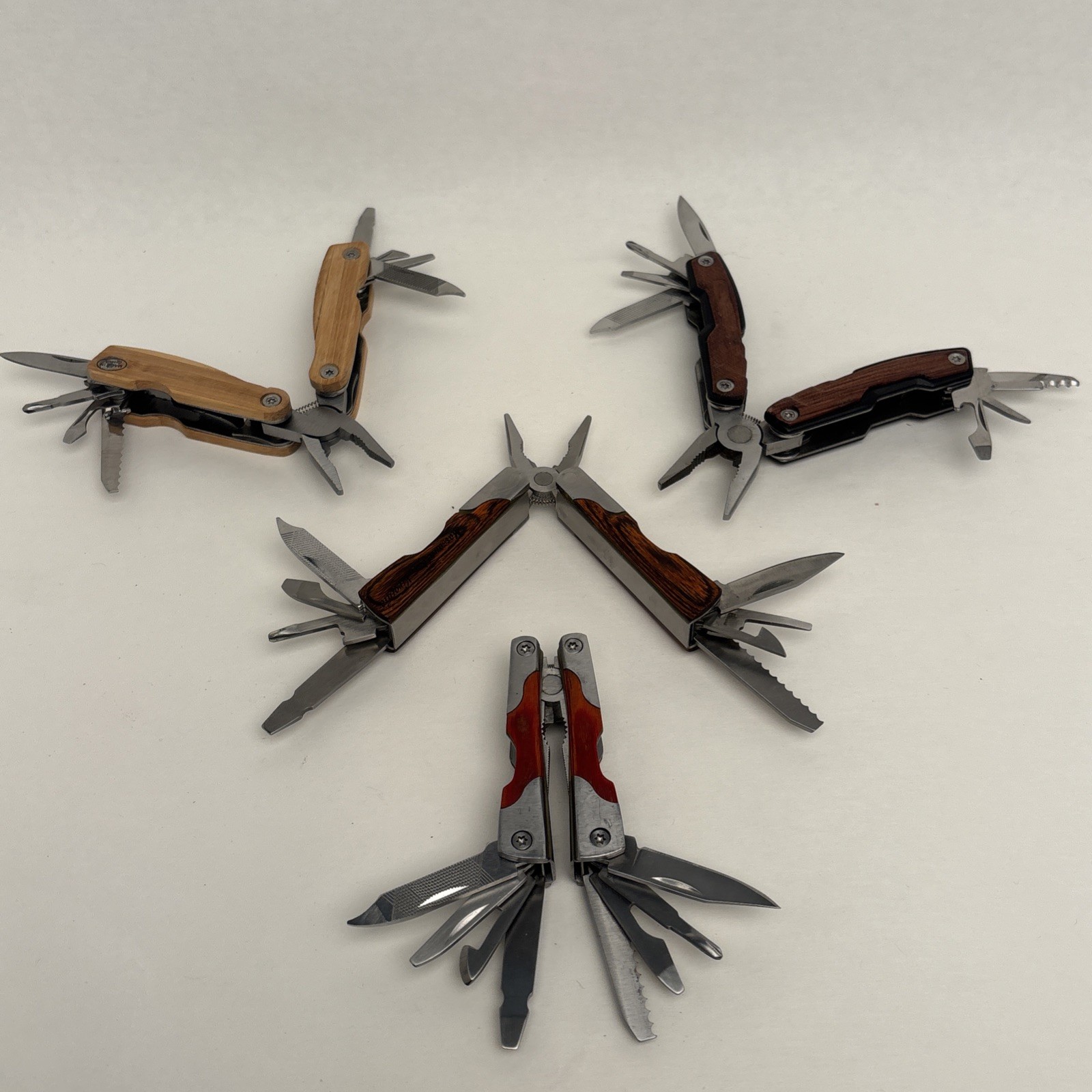 Lot Of 4 Multi – Tools Wood Scales Stainless Hike Hunt Camp Fish Crafts