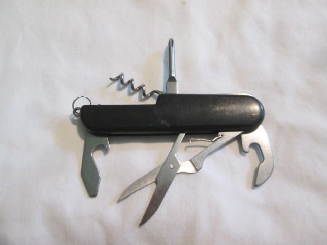 Vintage Multi-Tool Black with American Flag Embelem Pocketknife Size W/ 5 Tools
