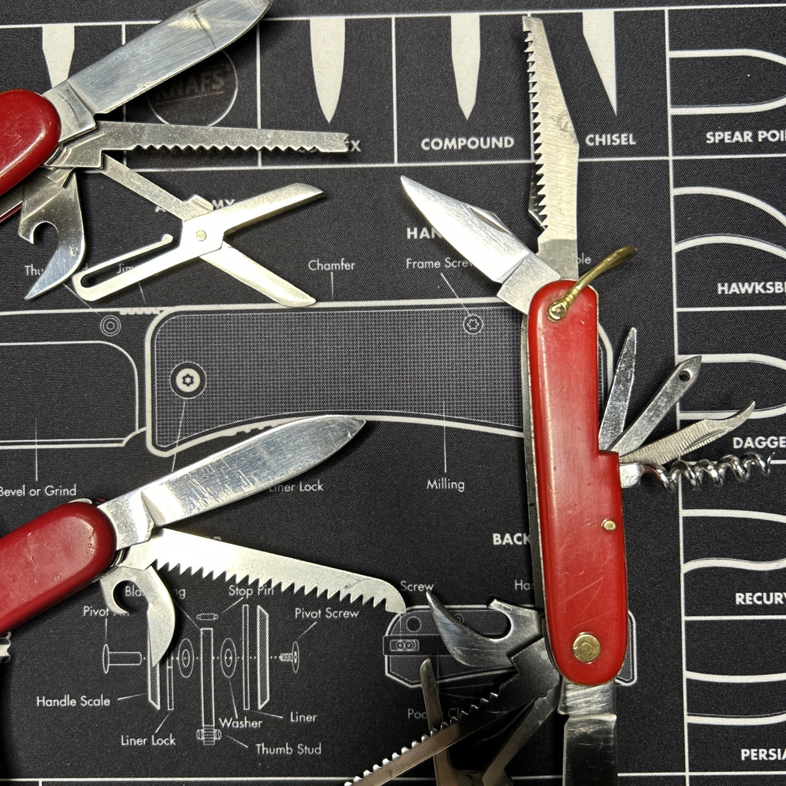 Lot Of 3 Vintage Japan Red Multi Tool Folding Knives Good USED Tools Clean Sharp