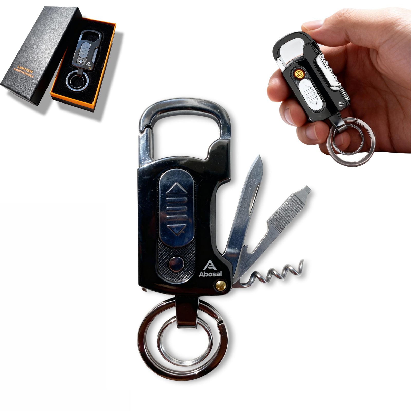 9-in-1 Multitool Keychain with windproof electric plasma coil permanent match…