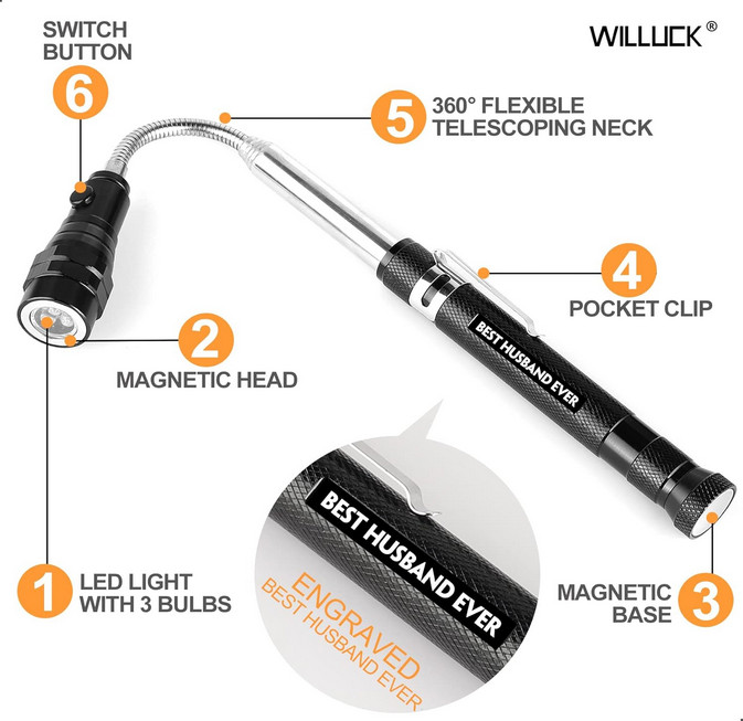 Gifts for Husband Him, Best Husband Ever Magnetic Pickup Tool with Flashlight