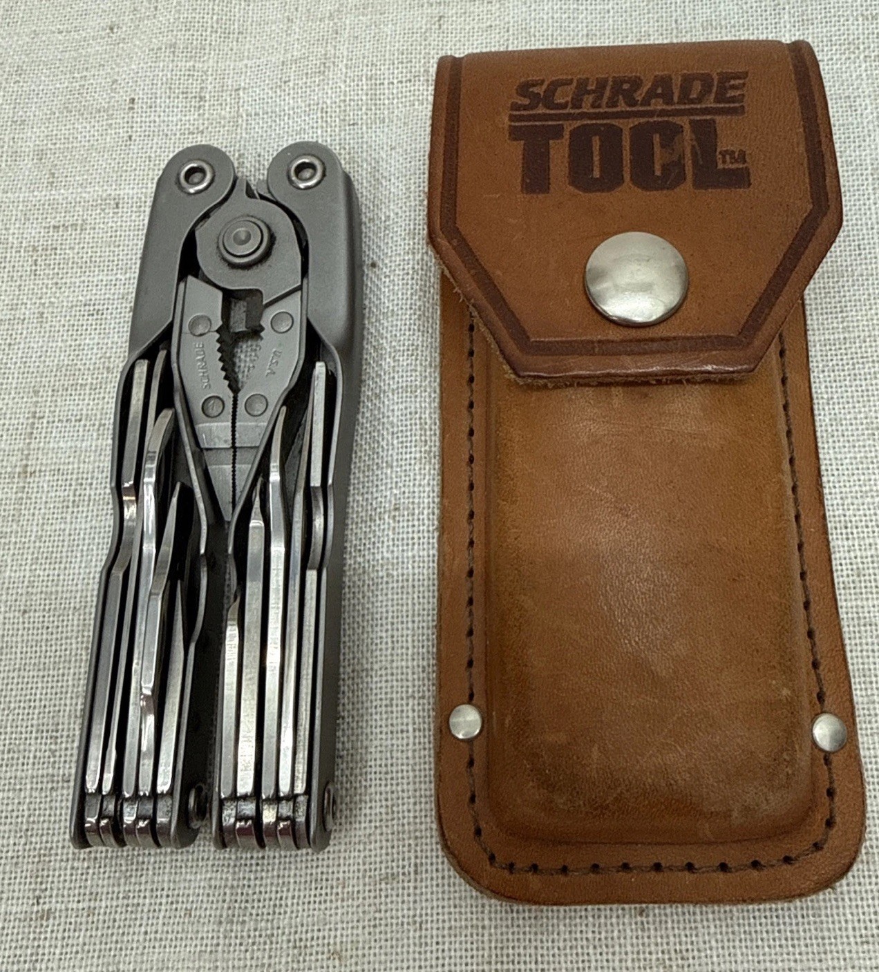 Vintage Schrade Tough Tool ST1 Multi-Tool Pliers Knife w Leather Sheath Nice!