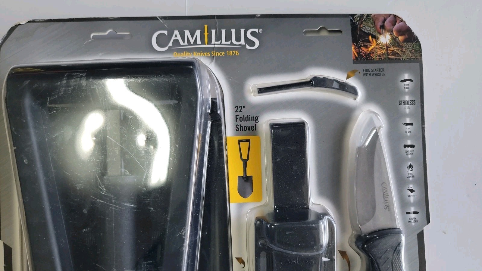 CAMILLUS QUEST PACK W/22” SHOVEL-8” KNIFE W/SHEATH-FIRE STARTER-WHISTLE NIP