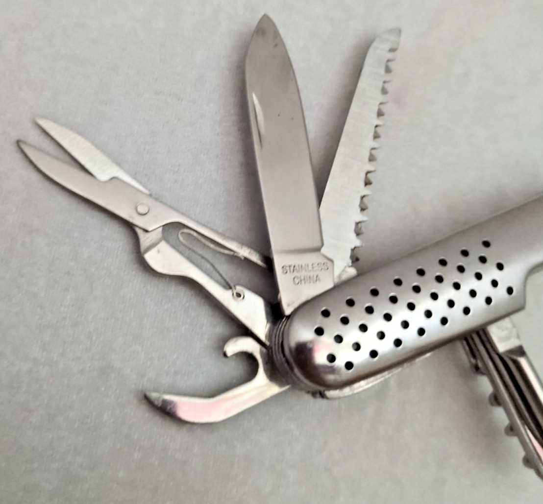 Silver Multi-Tool Knife Scissors Saw Straight Serrated Stainless Steel
