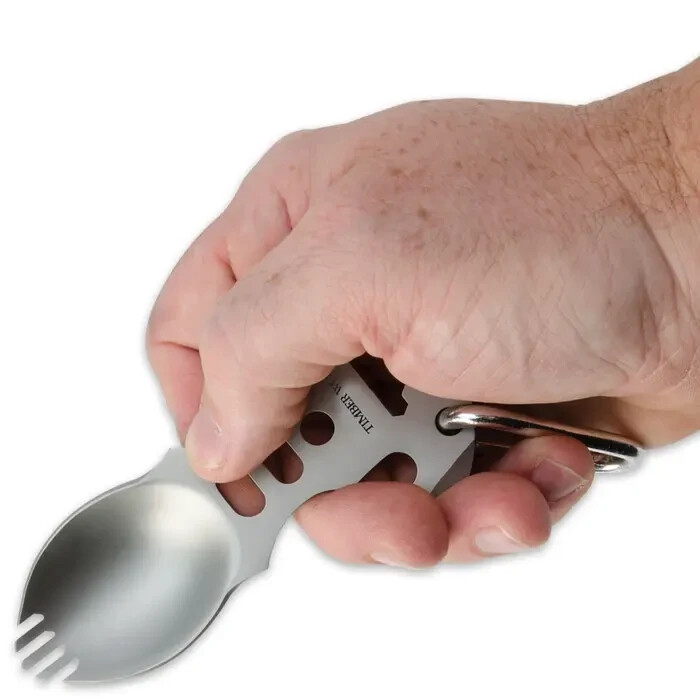 Timber Wolf Camp Tool with Carabiner (TW452) Matte Silver Stainless. Ships Free.