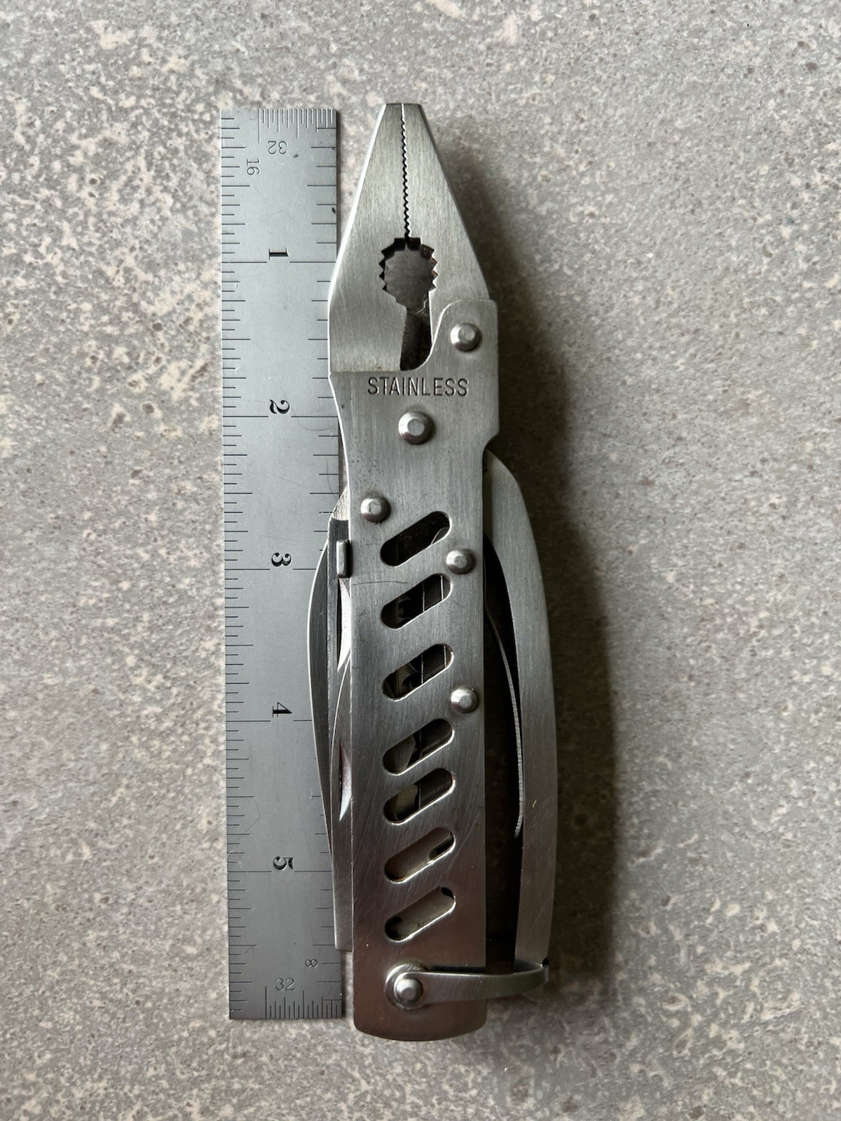 Vintage Unique Multitool W/case (Spring, Assist Pliers , Blade, Opener, Saw, &
