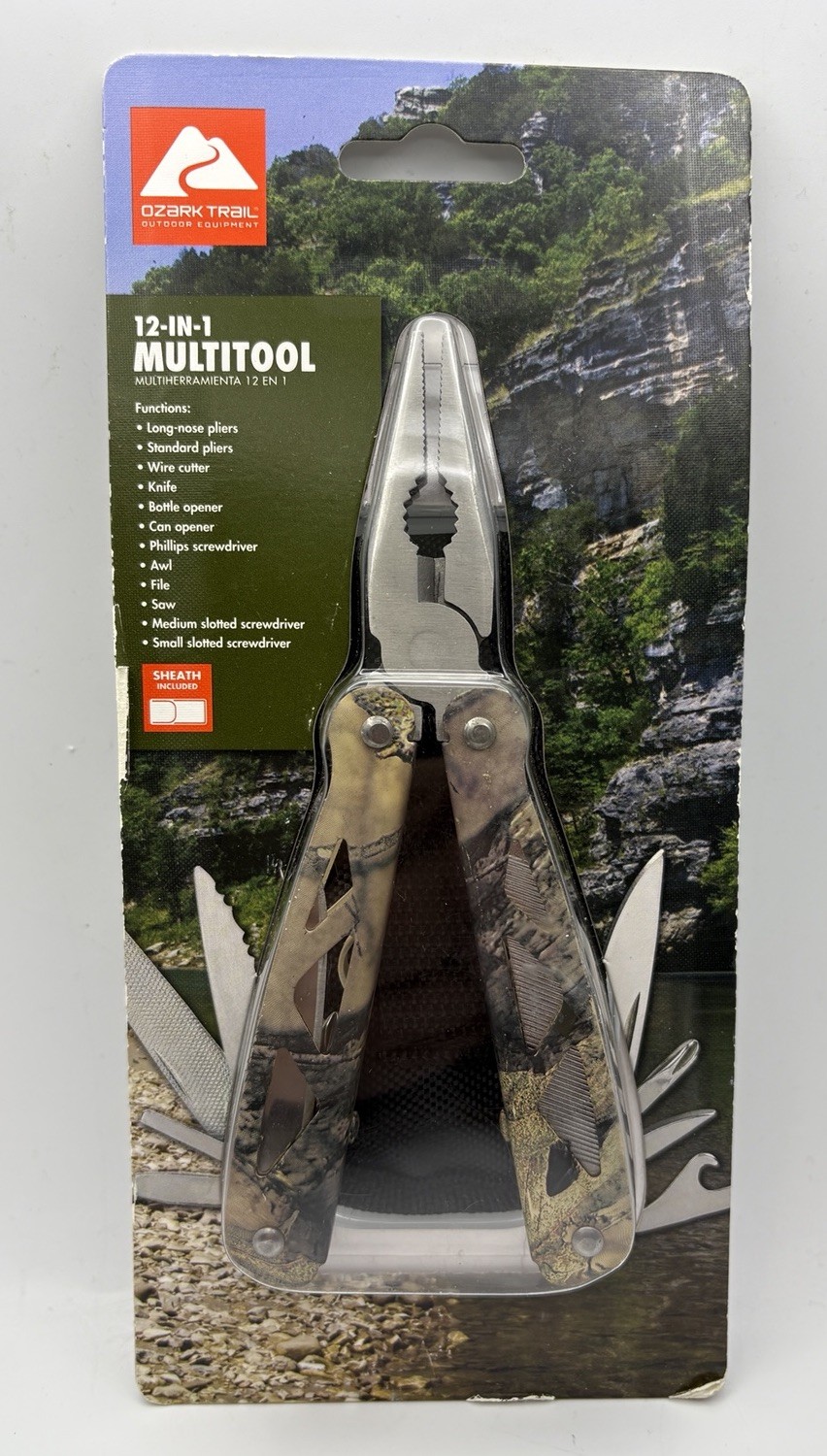 Ozark Trail 12-In-1 Multi Tool with Nylon Sheath, Mossy Oak Handle Pattern, New