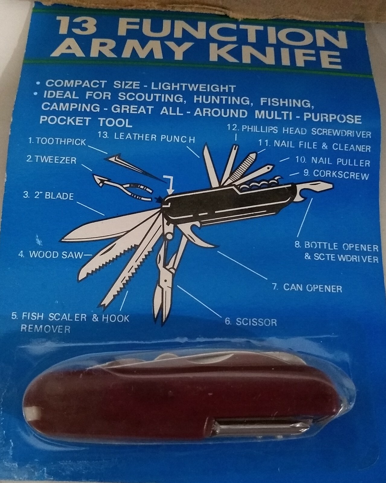 13 Function Army Knife – Camping, Hunting, Scouts, Survival ~ New