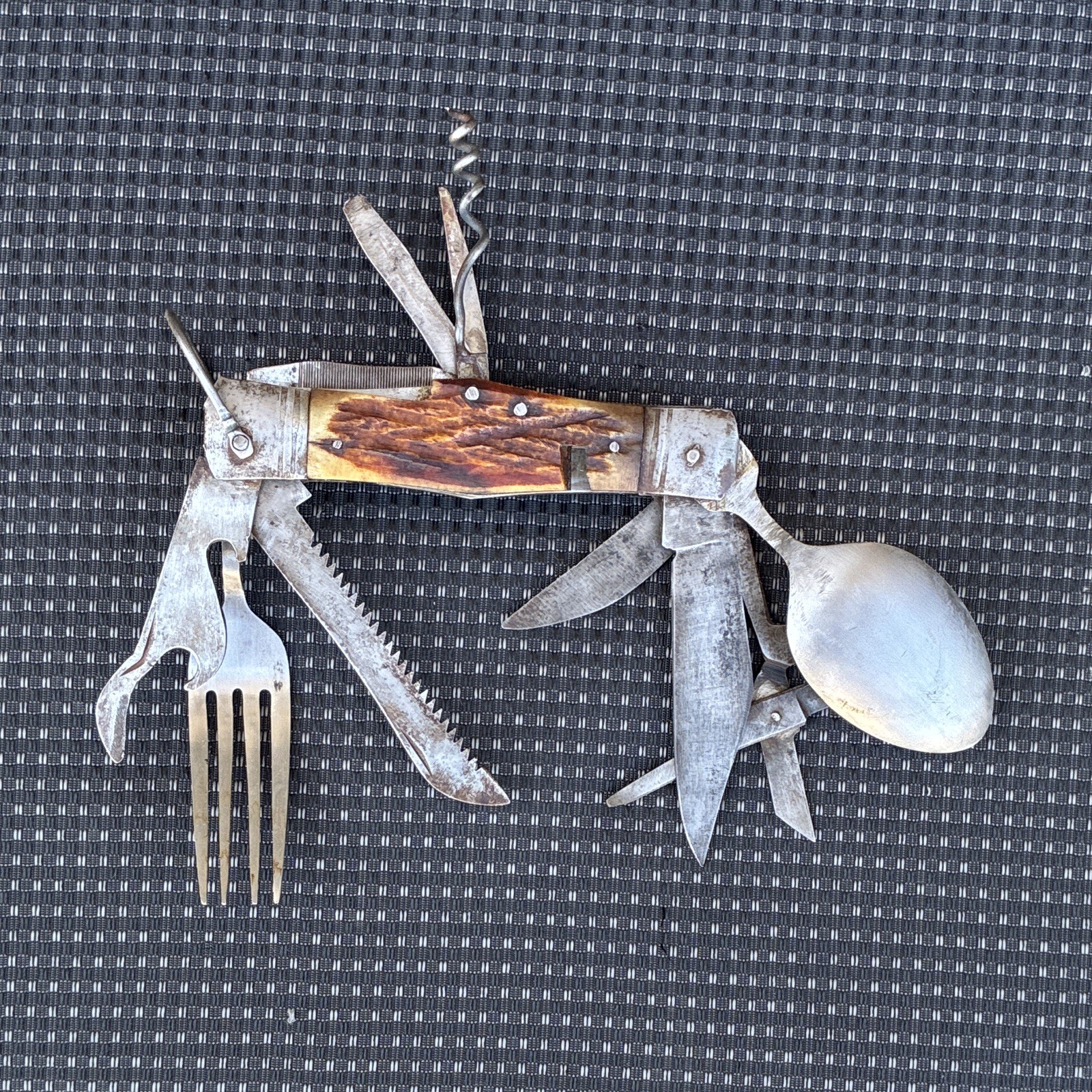 Folding Camping Multi-Tool Knife Fork Spoon Saw Corkscrew Wood/Steel Handle
