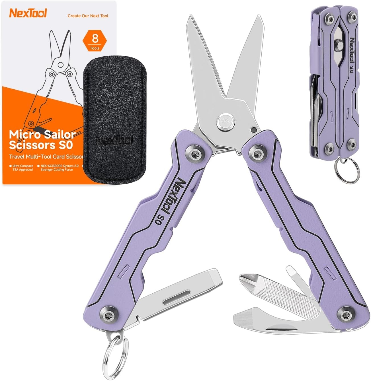 Micro Sailor Scissors S0, Mini Keychain Multitool with Serrated Scissors, 8-in-1