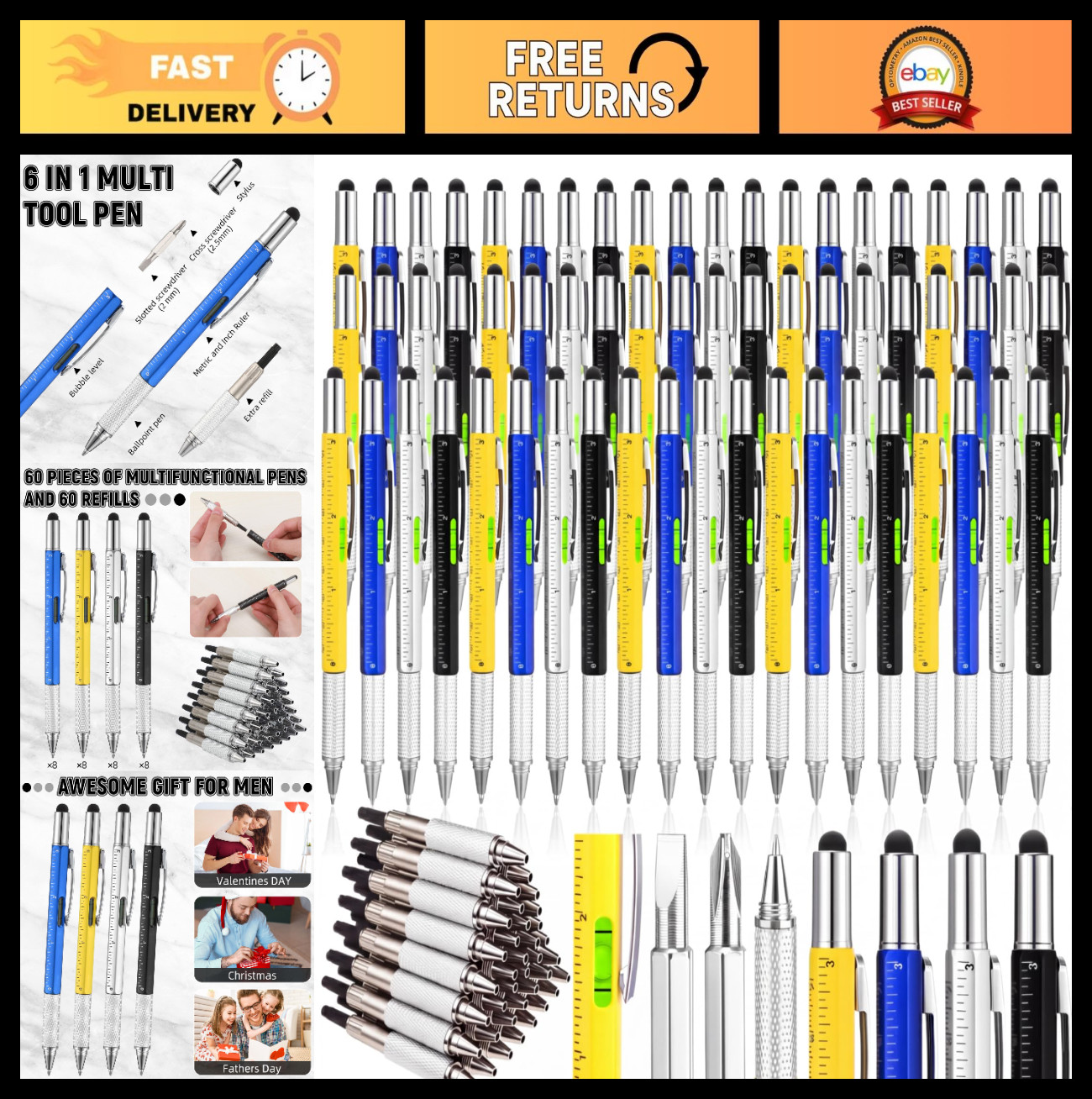 60 Pcs Multi-Tool Pens Set – 6-in-1 with Refills, Ruler & Level Gauge – Perfect