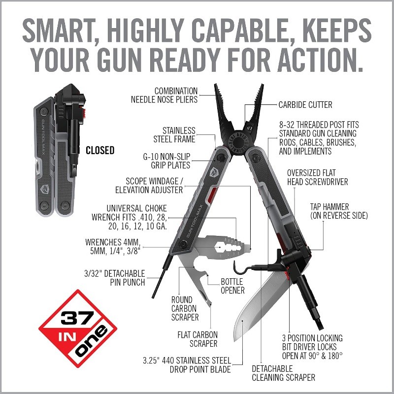 Gun Tool Max, 37-in-1 Multitool for Gunsmithing, Includes Pliers, Wire Cutters