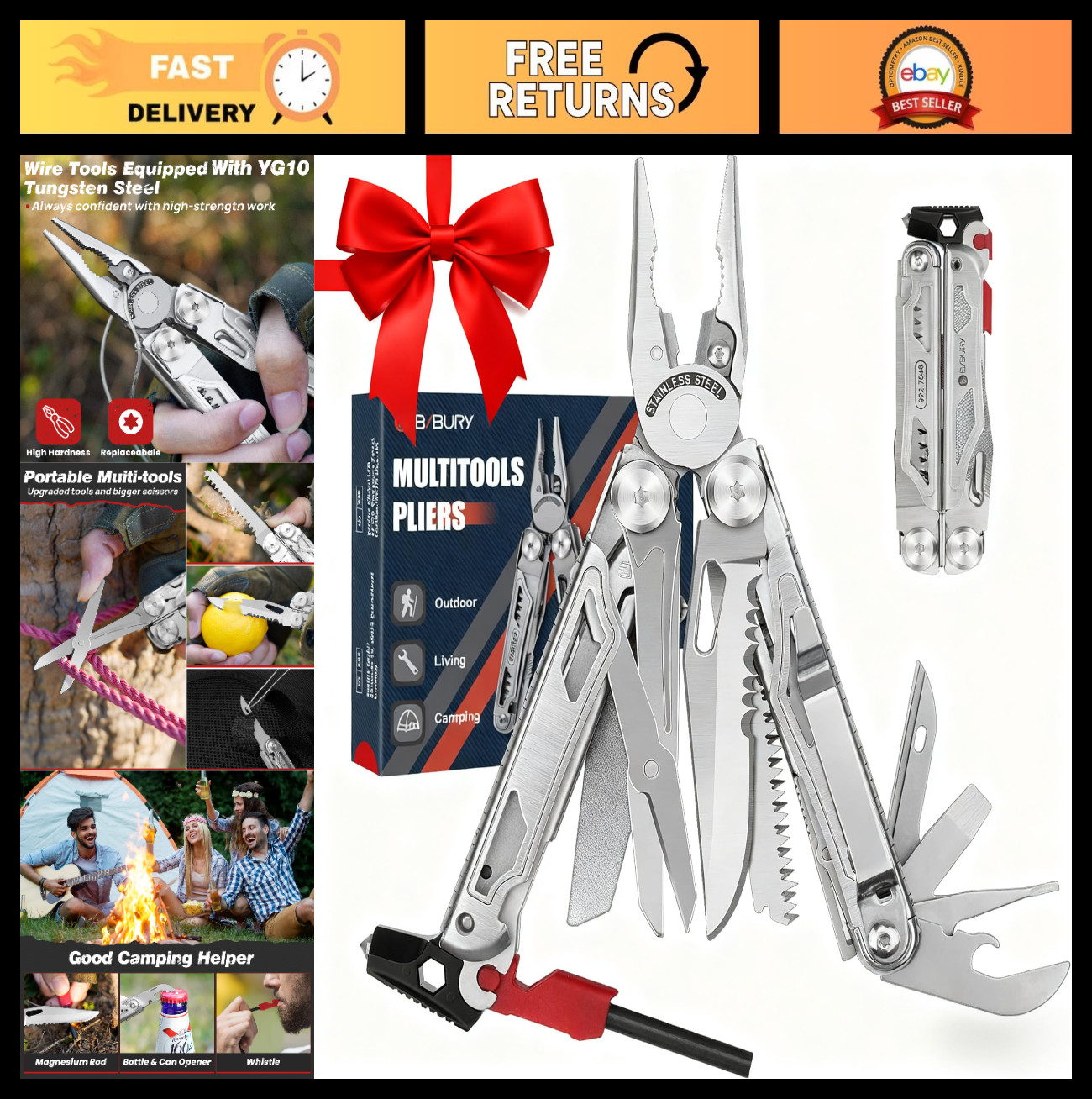 22-in-1 Stainless Steel Multitool Pliers, EDC Survival Tool with Scissors, Flint