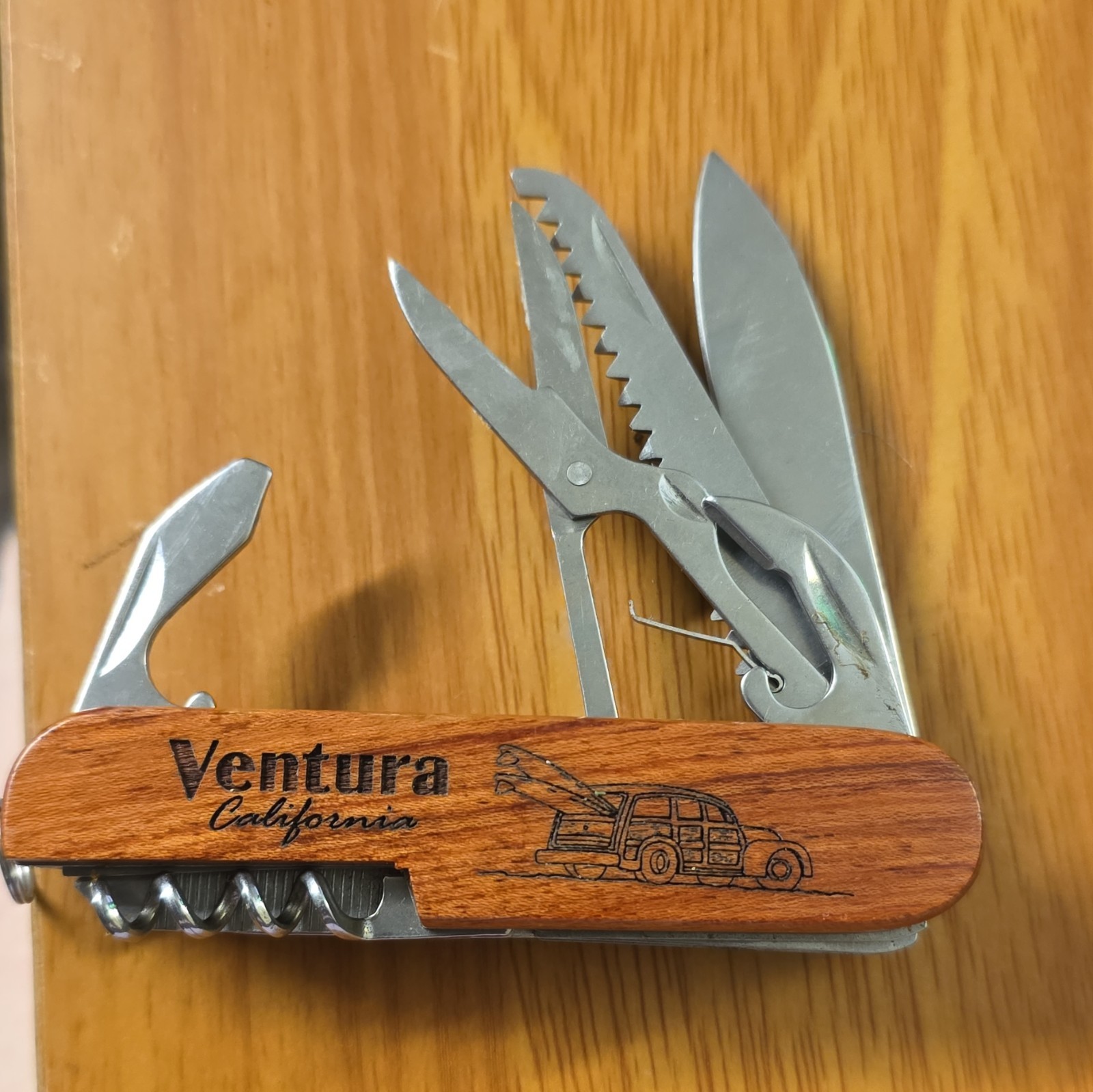 Ventura California Multi-Tool Pocket Knife Wood Handle 6 Tools Lanyard Ring