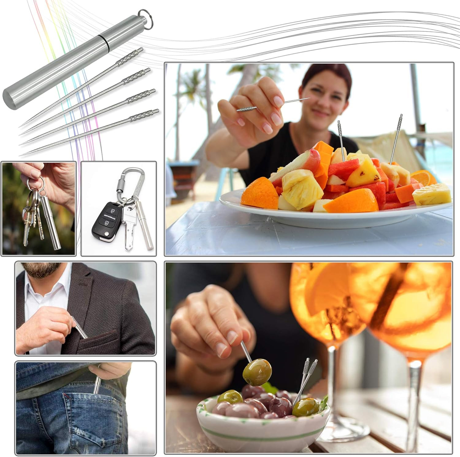 Titanium Toothpicks 4 Pack with Stainless Steel Keychain Holder Portable