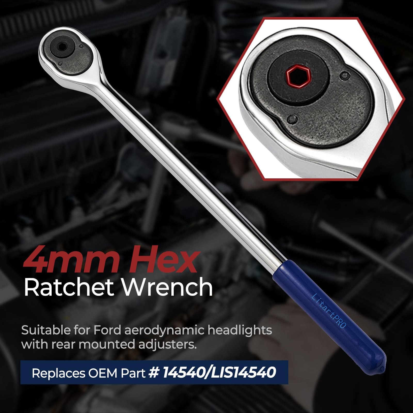 14540 11inch Headlight Adjusting 45 Tooth Flat Ratchet Wrench for Ford,4MM Hex