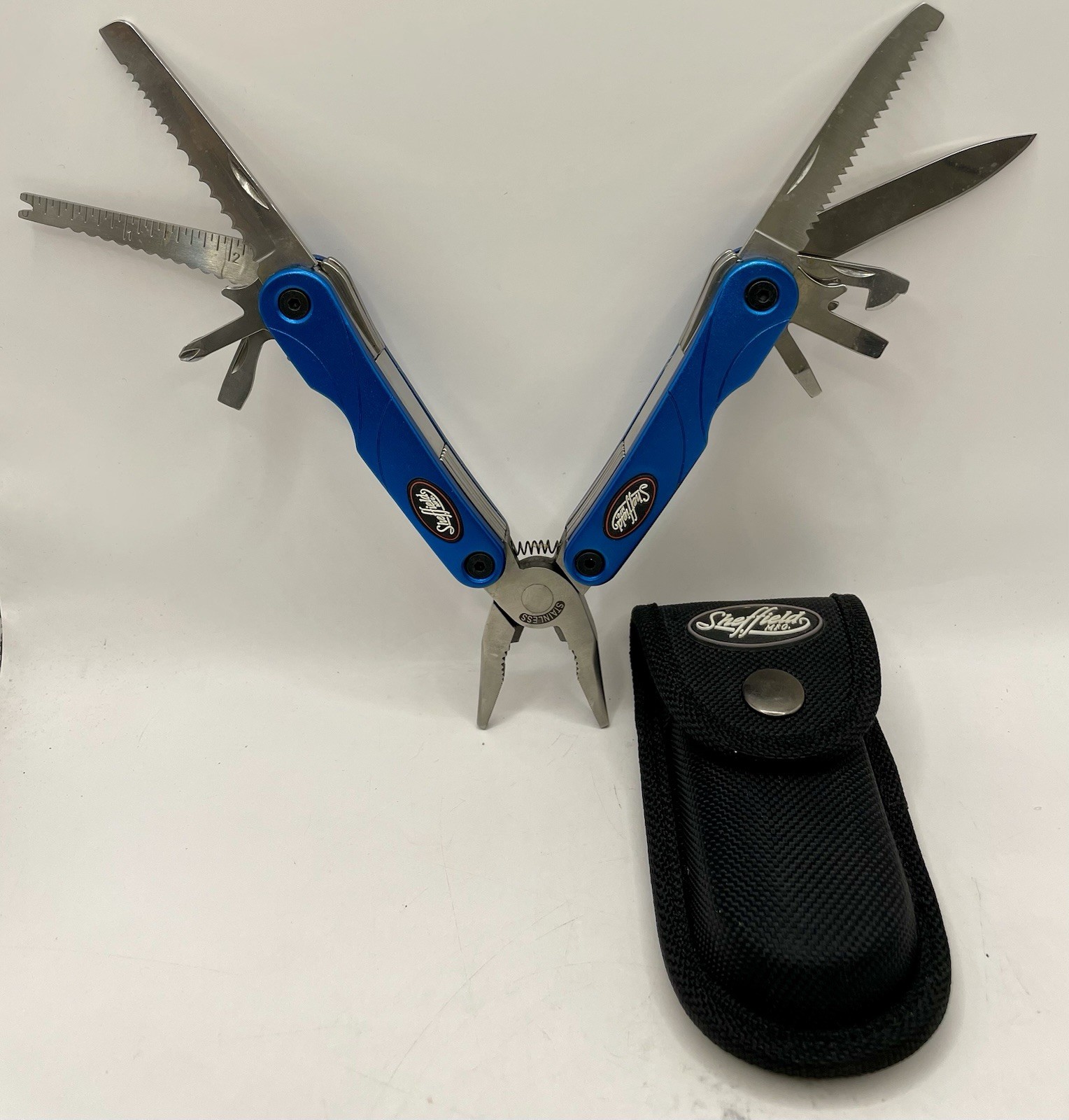 SHEFFIELD Stainless Steel Compact Multi-Tool 10 Tool w Nylon Case Turquoise NICE