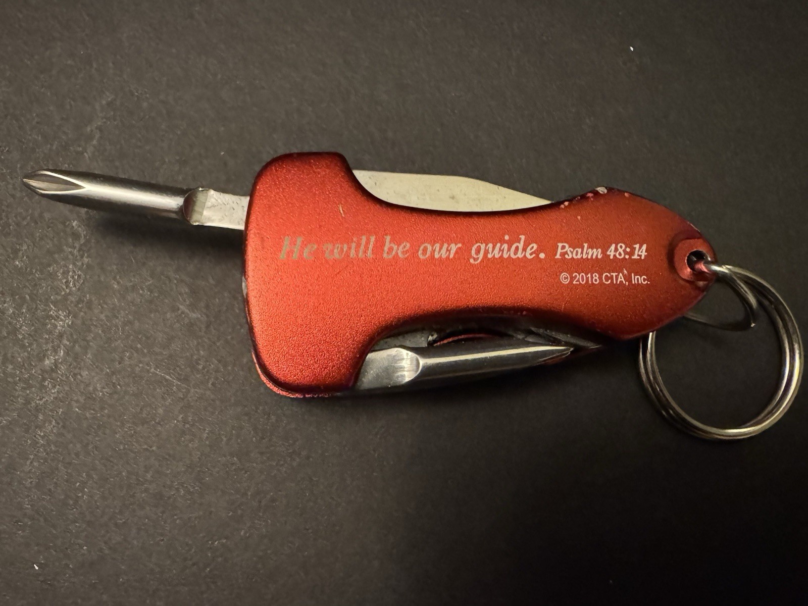 Biblical Red Multi-Tool Keychain with Light, Knife, Bottle Opener, Screwdrivers