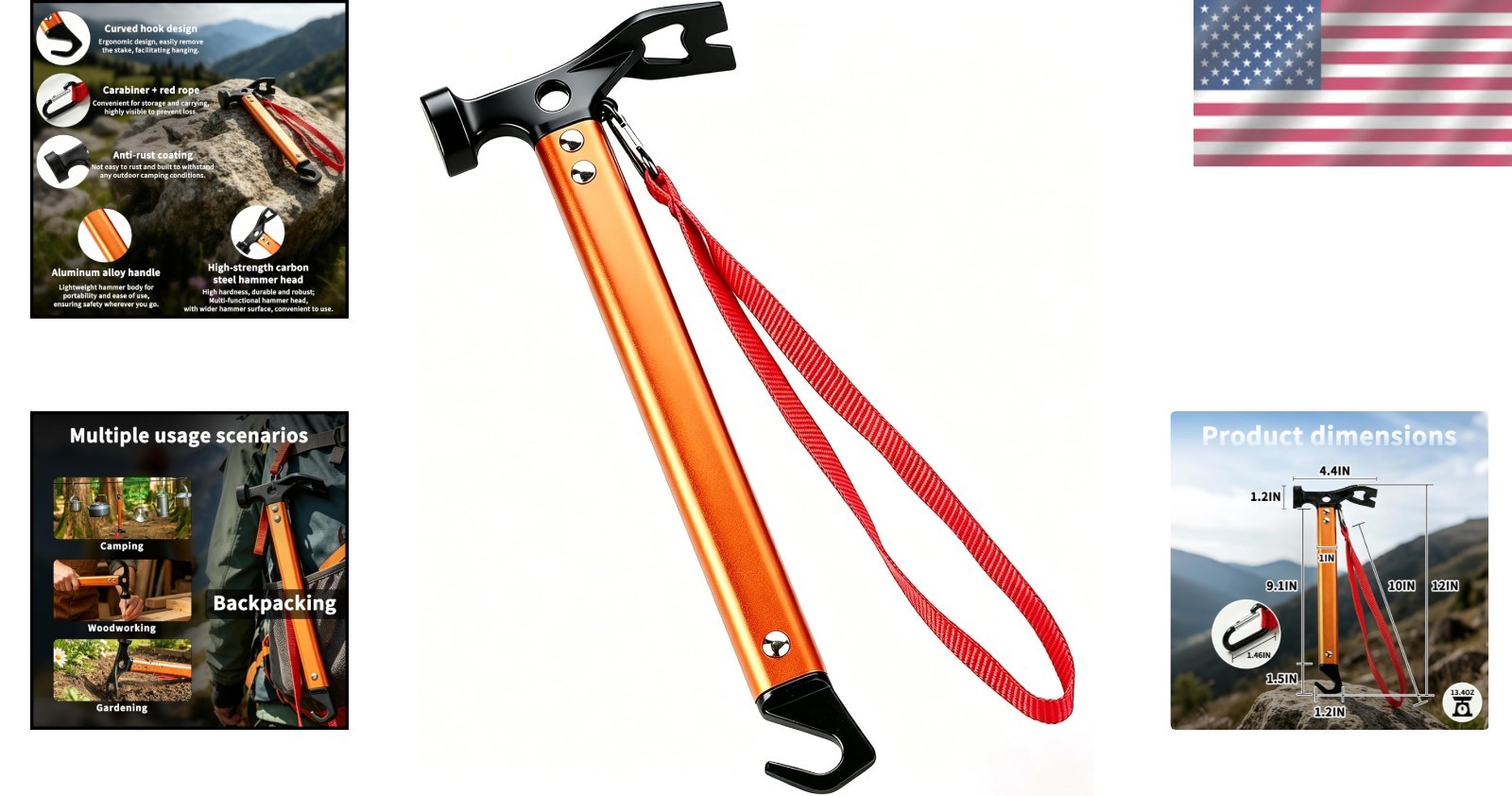 Lightweight 3-in-1 Camping Hammer – 12″ Carbon Steel Tool in Vibrant Orange