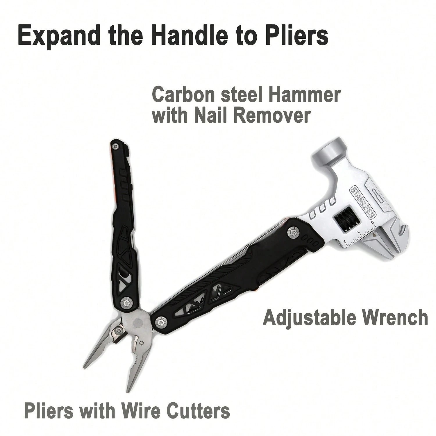 Multi-Tool Adjustable Wrench Hammer Pliers Survival Gear No Blades For Camping