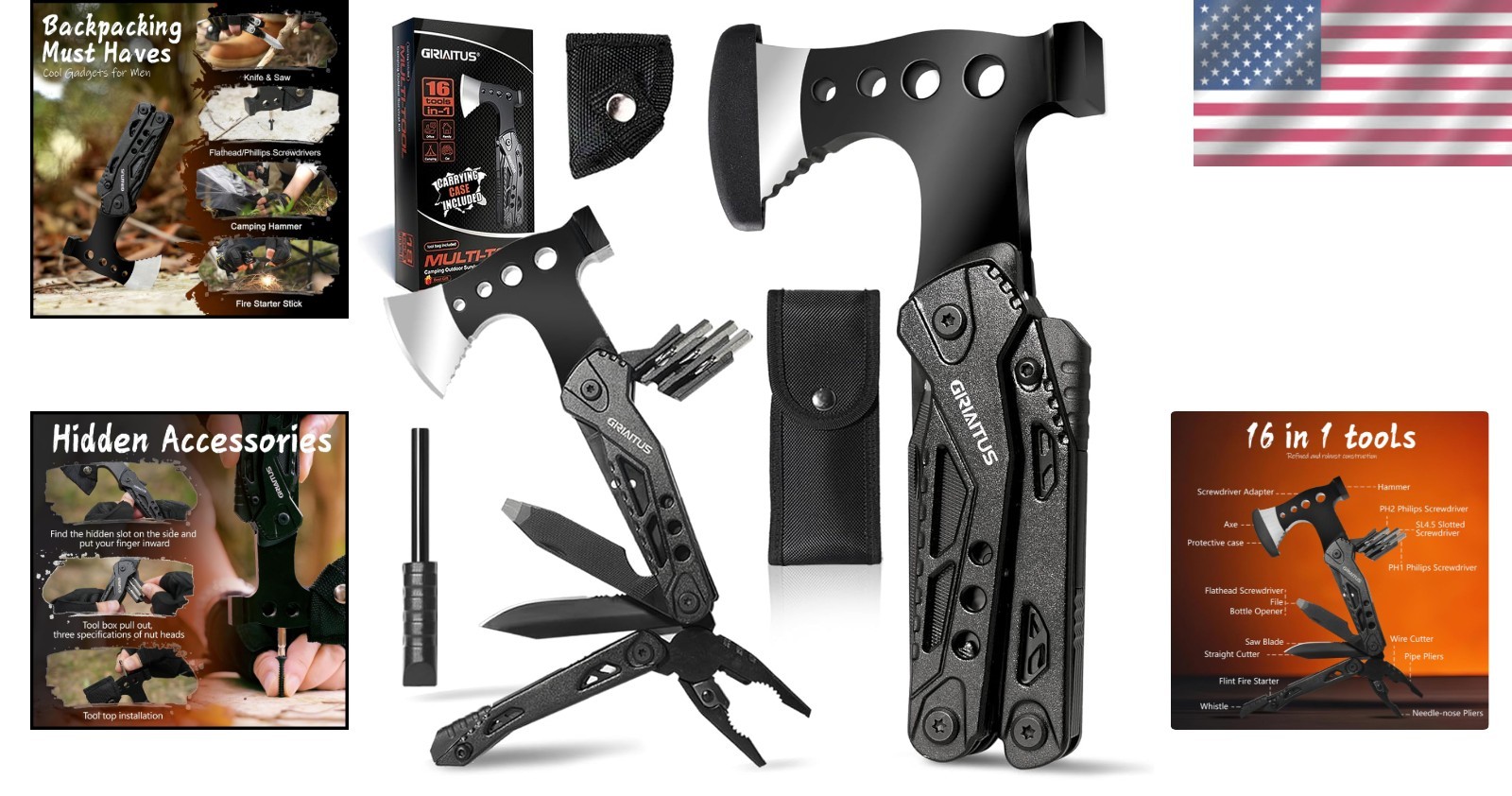 16-in-1 Multitool Survival Gear with Axe, Hammer & More – Perfect Camping Gift