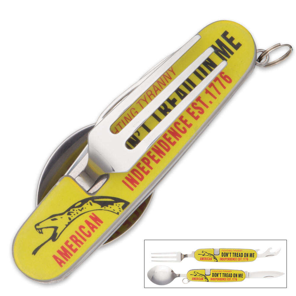 DON’T TREAD ON ME HOBO KNIFE CAMPING DINING TOOL UTENSIL SET FORK SPOON CAN 3.5″