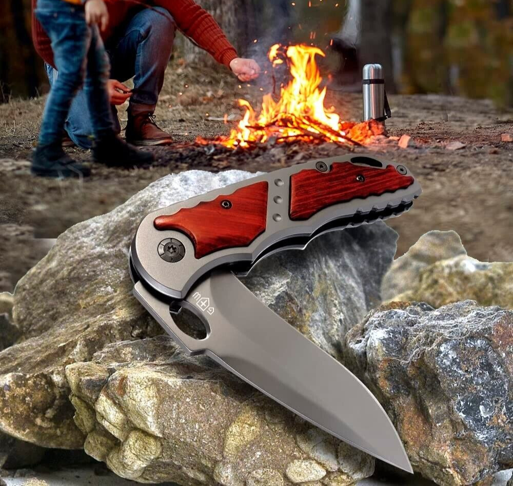 Pocket Spring Assisted Tactical Survival Folding Knife Gray Metal & Wood Handle