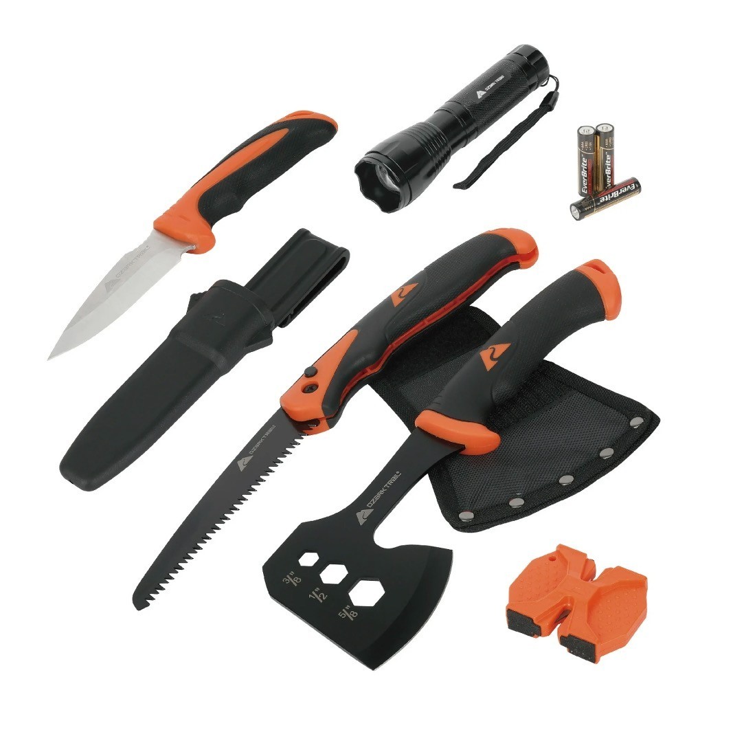 Ozark Trail 7-Piece Camping Tool Set with Hammer, Axe, Flashlight, and Knives, B