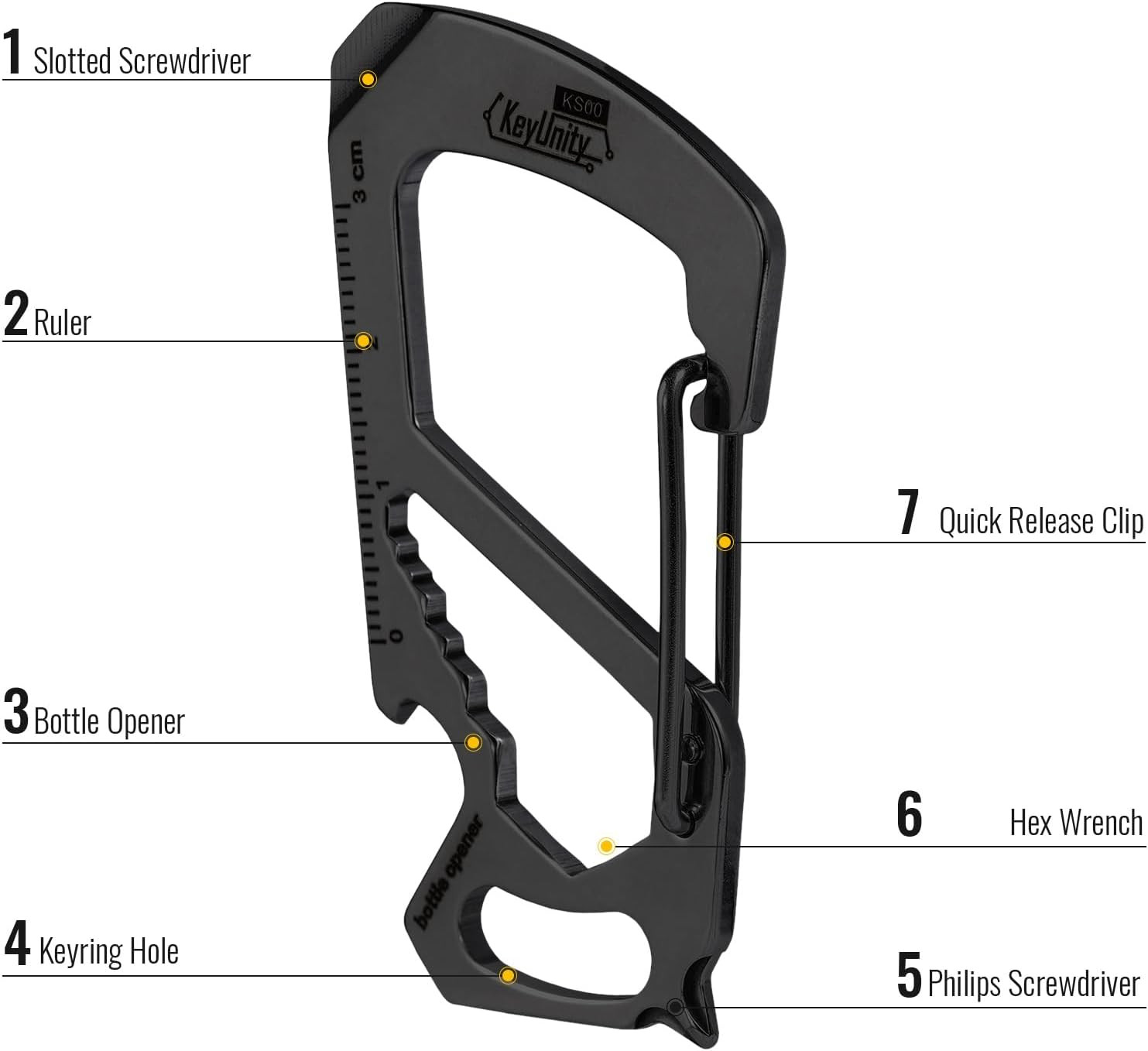 KS00BK Carabiner Clip Multitool Stainless Steel 7 Tools in 1, Quick Release Clas