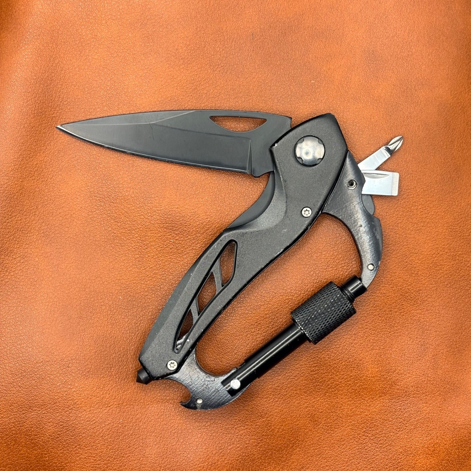 5 in 1 Carabiner Multi Tool Folding Knife Screwdriver Bottle Opener EDC #7