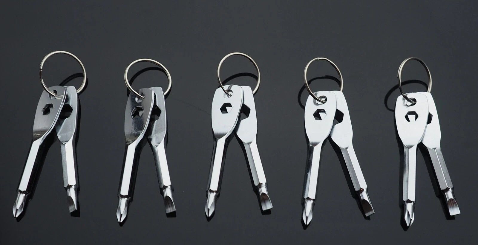 5pcs – Screwdriver Keychain Set EDC Pocket Tool Hex Nut Wrench Key Ring – Silver