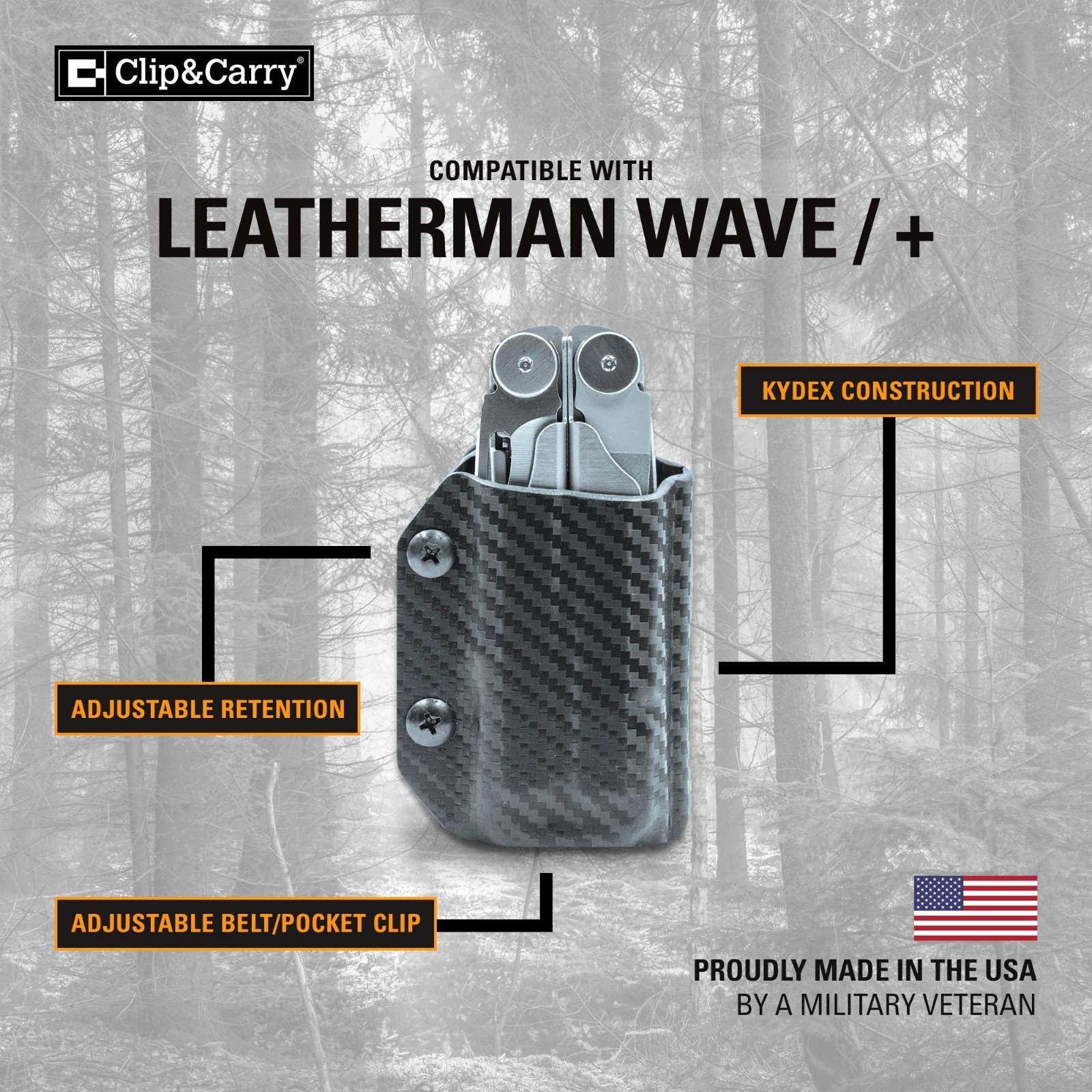 Clip&Carry Kydex Multitool Sheath Leatherman WAVE/WAVE+ PLUS Diamond Plate USA