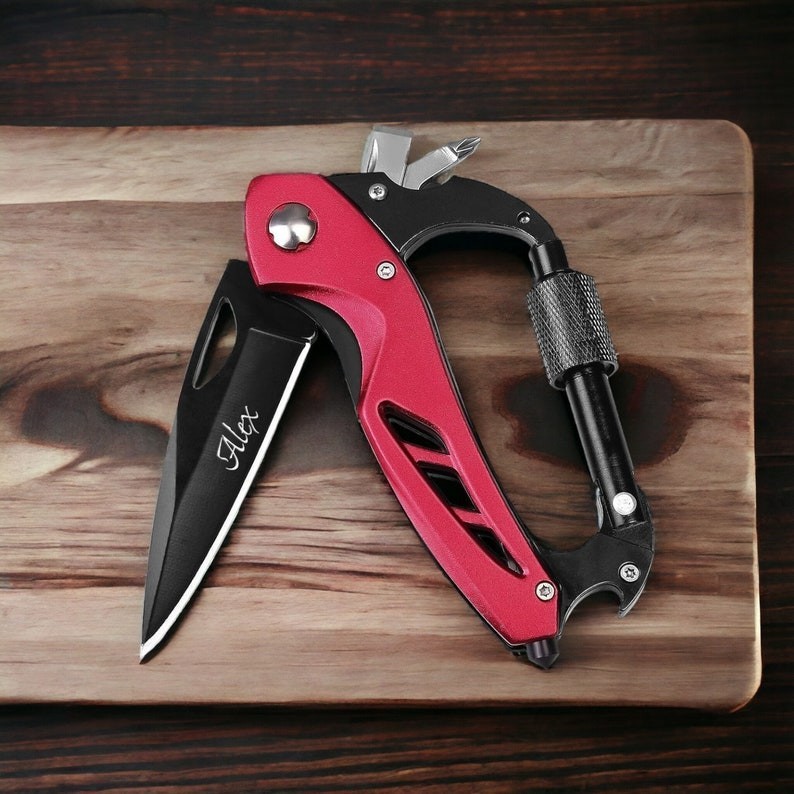 Personalized CARABINER POCKET KNIFE Groomsmen Birthday Gift for Him Dad Men Son