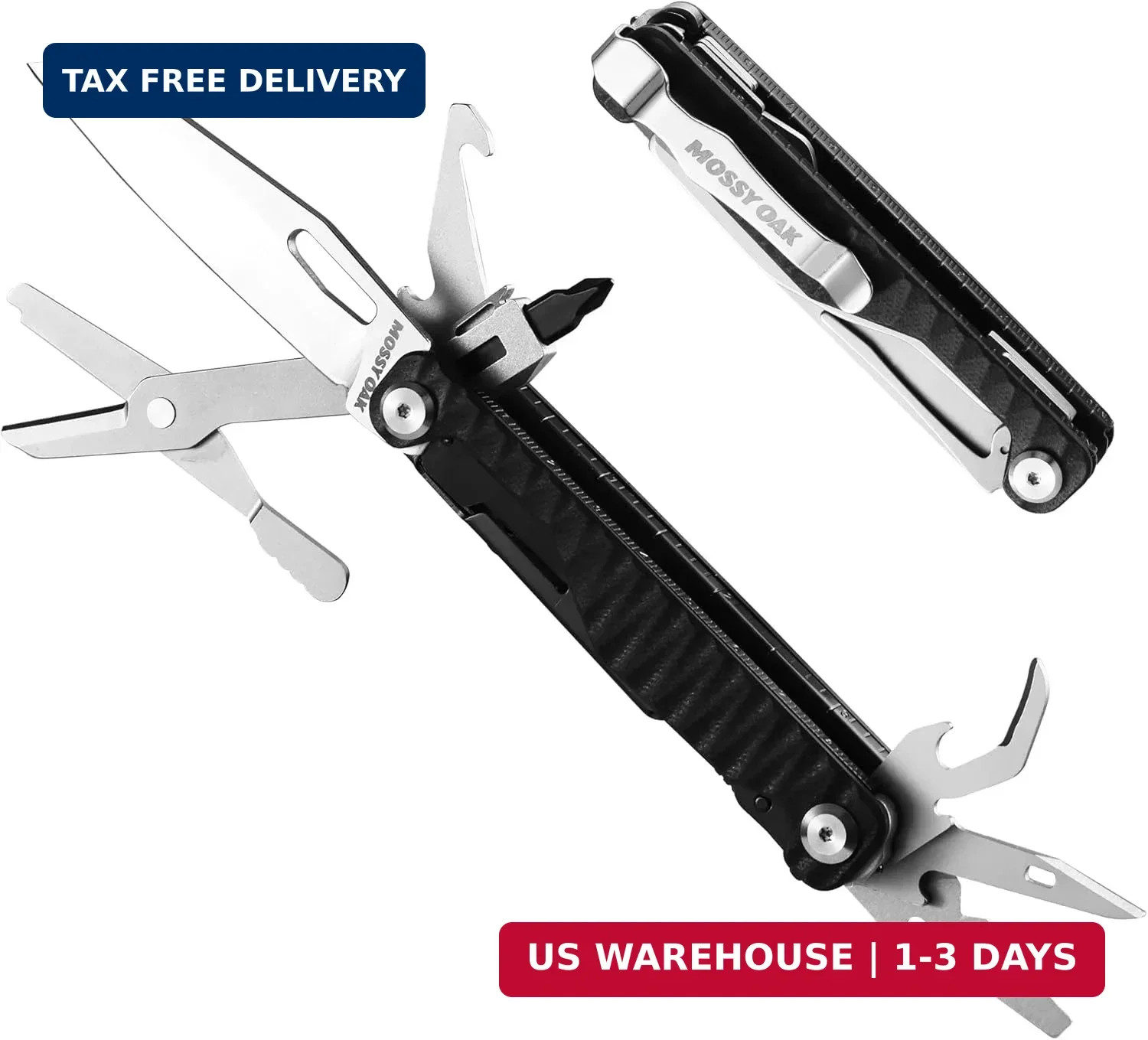 Mossy Oak 12-in-1 Multitool Knife, G10 Handle, EDC for Camping & Outdoor | 5Cr15
