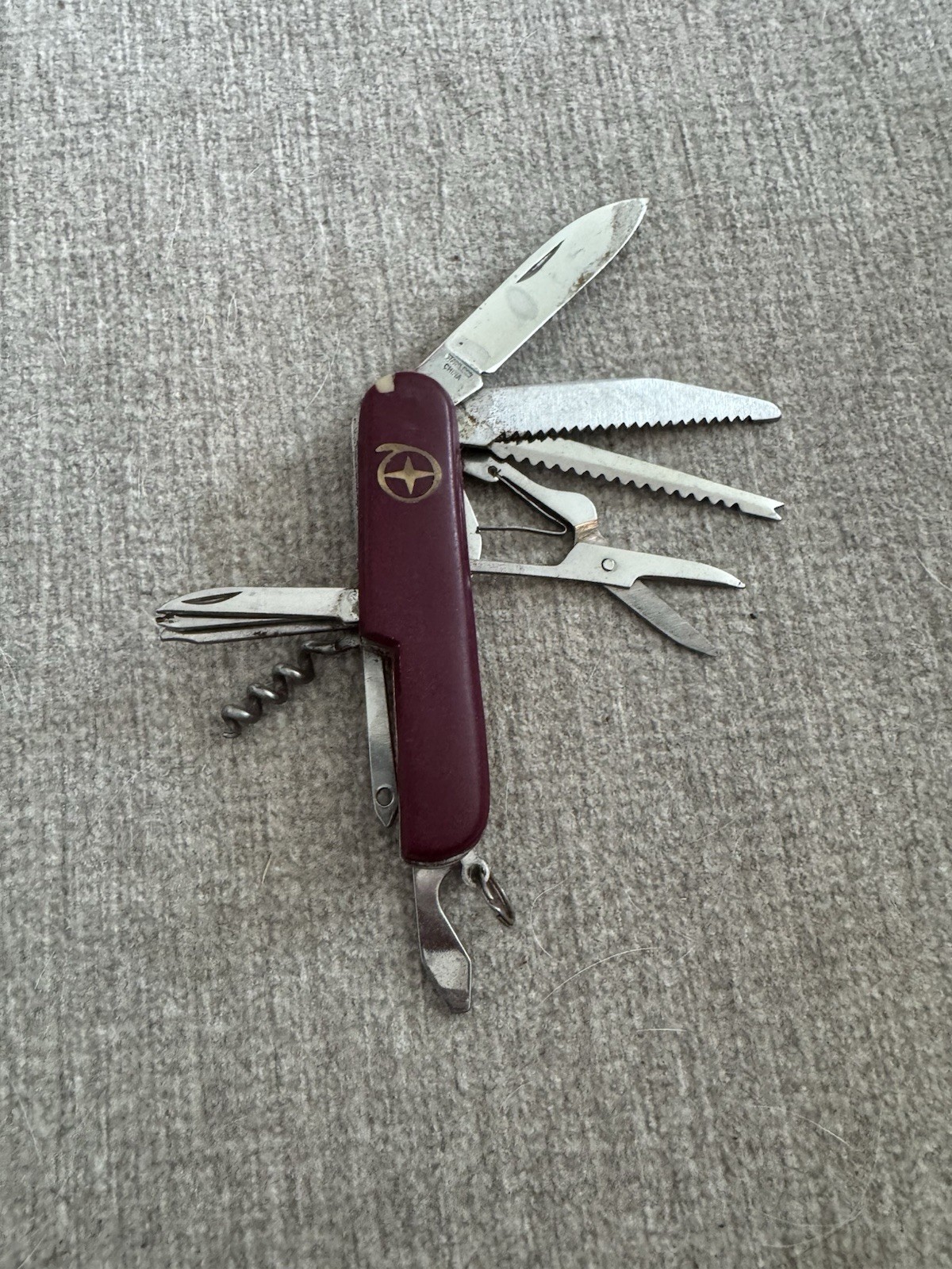 Red Folding Multi-Tool Knife 2in Straight Edge, Scissors Corkscrew Opener