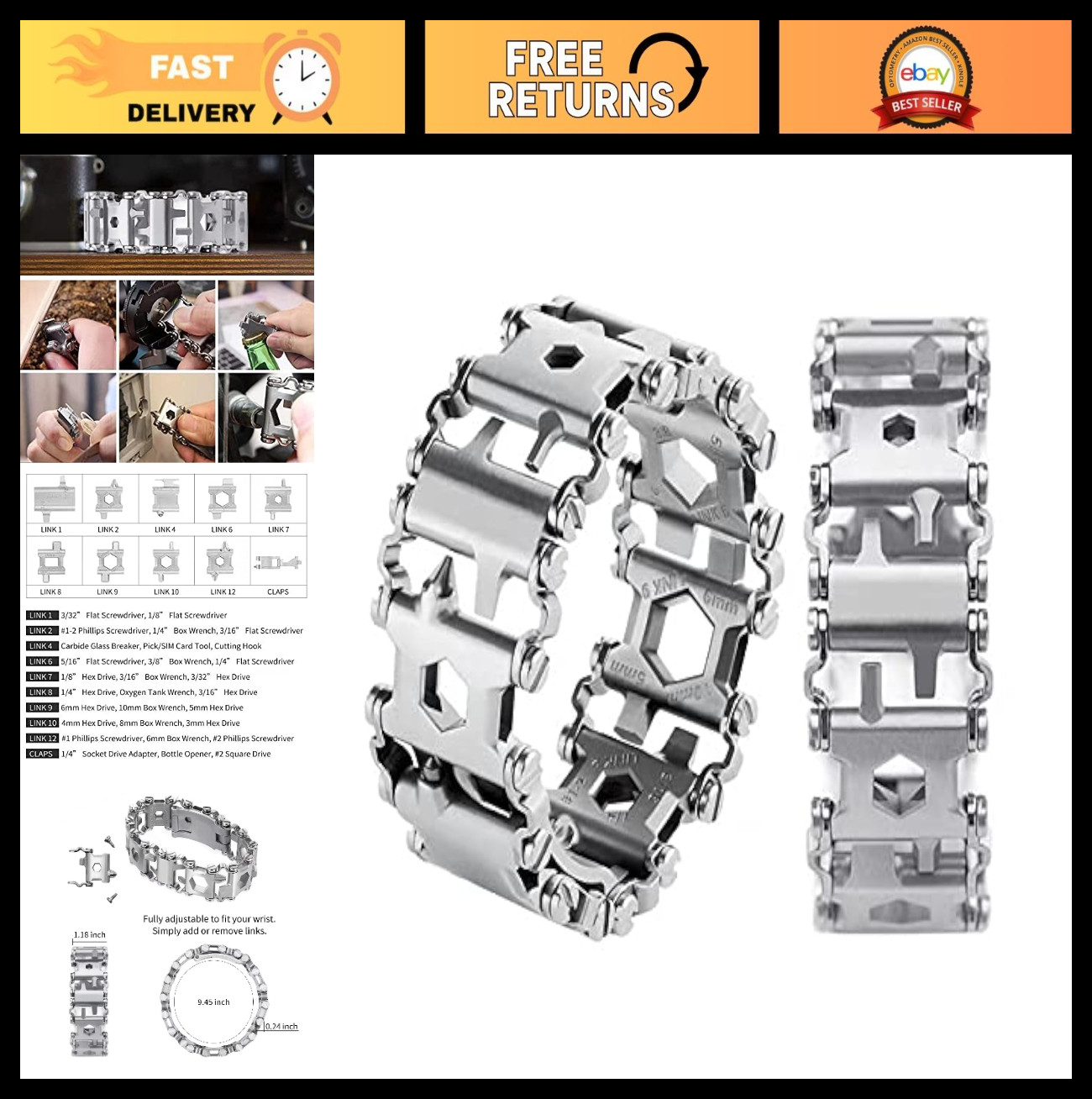 29-in-1 Multitool Bracelet for Men & Women – Stainless Steel Utility Wristband f