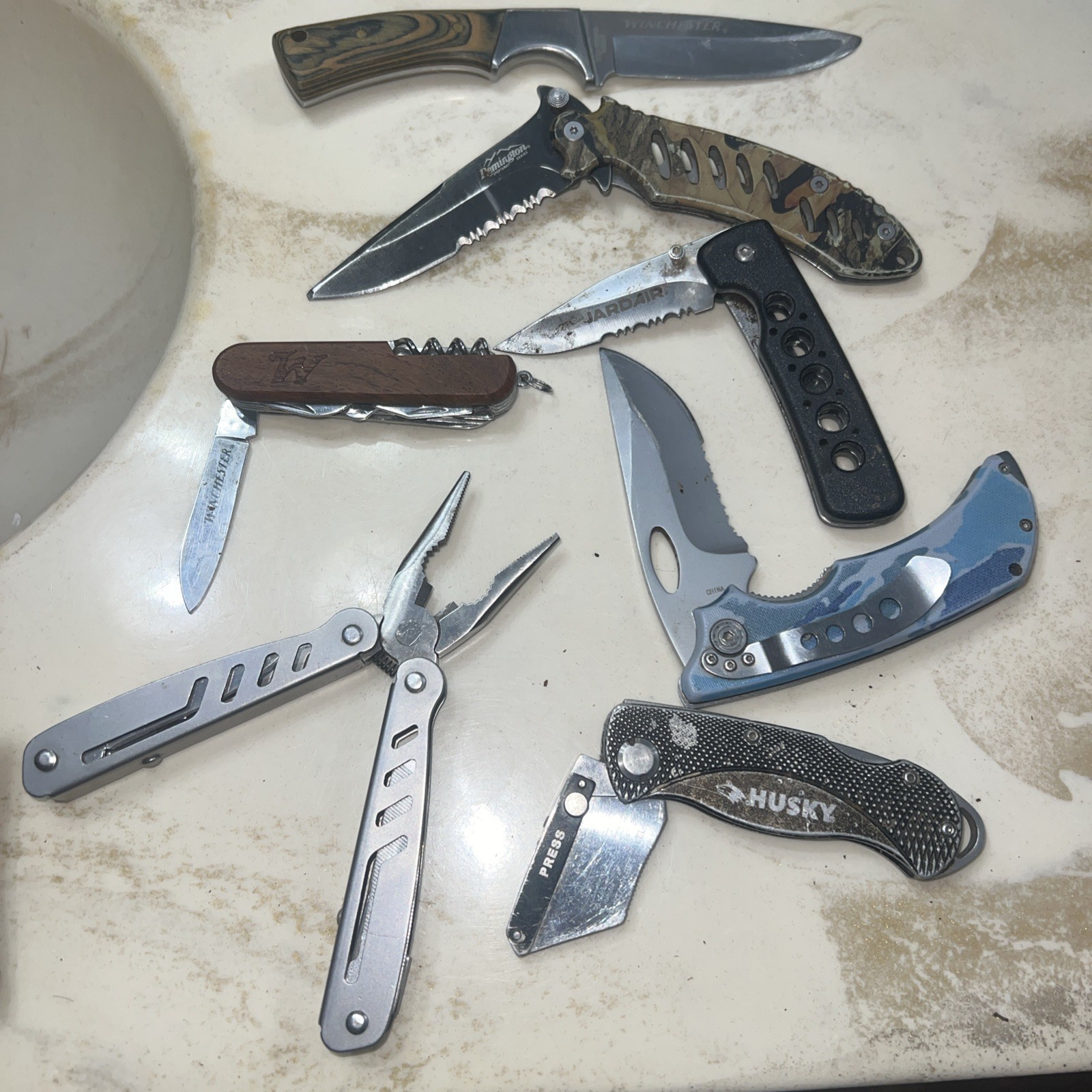 Knife Lot, Pocket, Fixed Blade, Multitool, Razor Blade And Plier Knife 7 piece