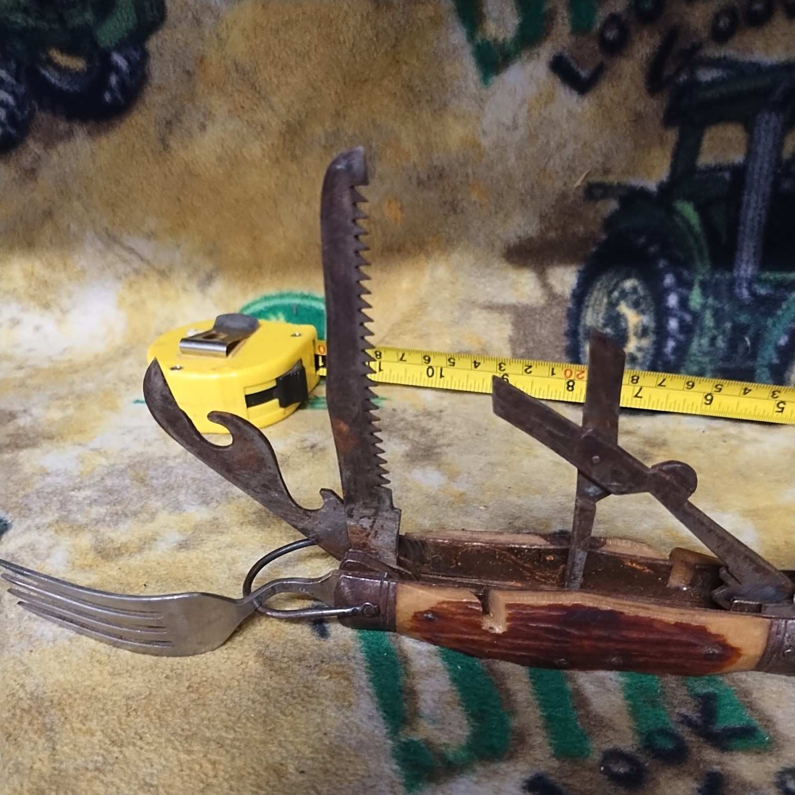 Camping Multi-Tool Knife Fork Spoon Saw Scissors Stainless Steel Wood 9 Tools