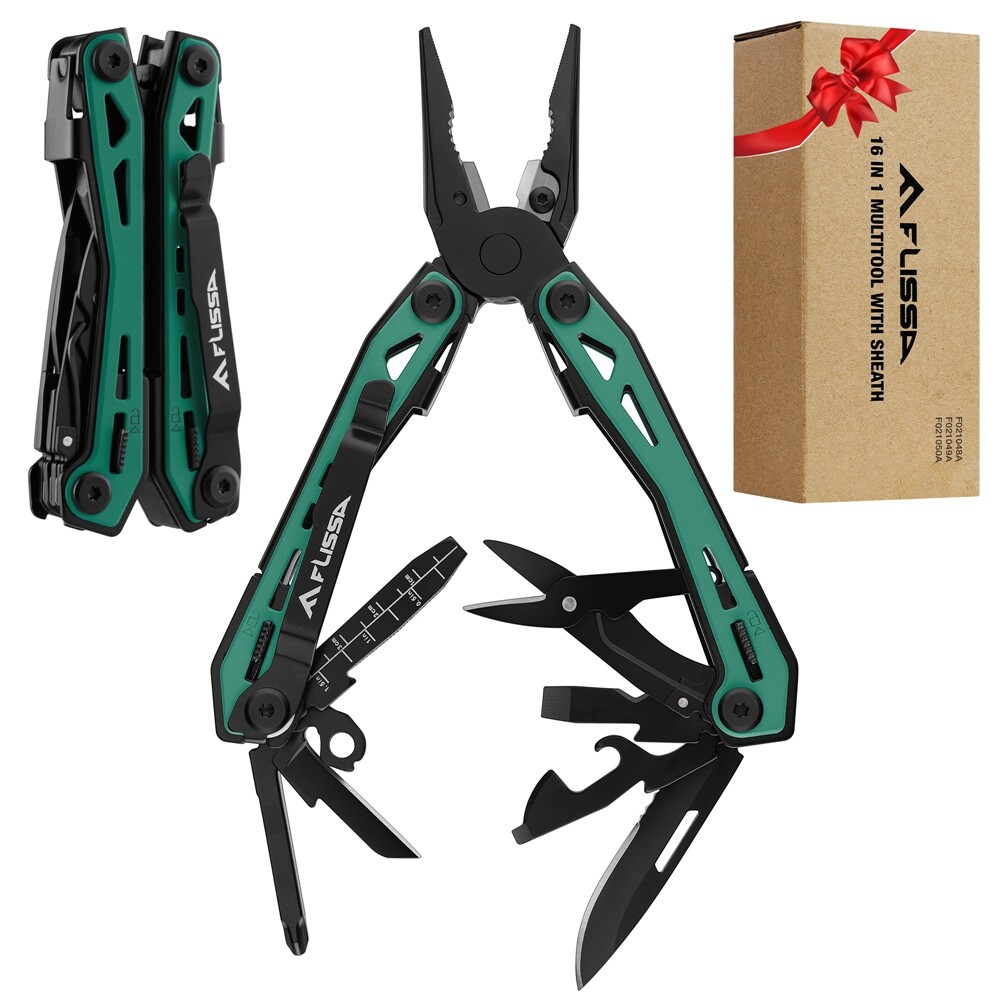 FLISSA 16-in-1 Multi Tool Pliers Stainless Steel Multitool Pocket Knife w/Pouch
